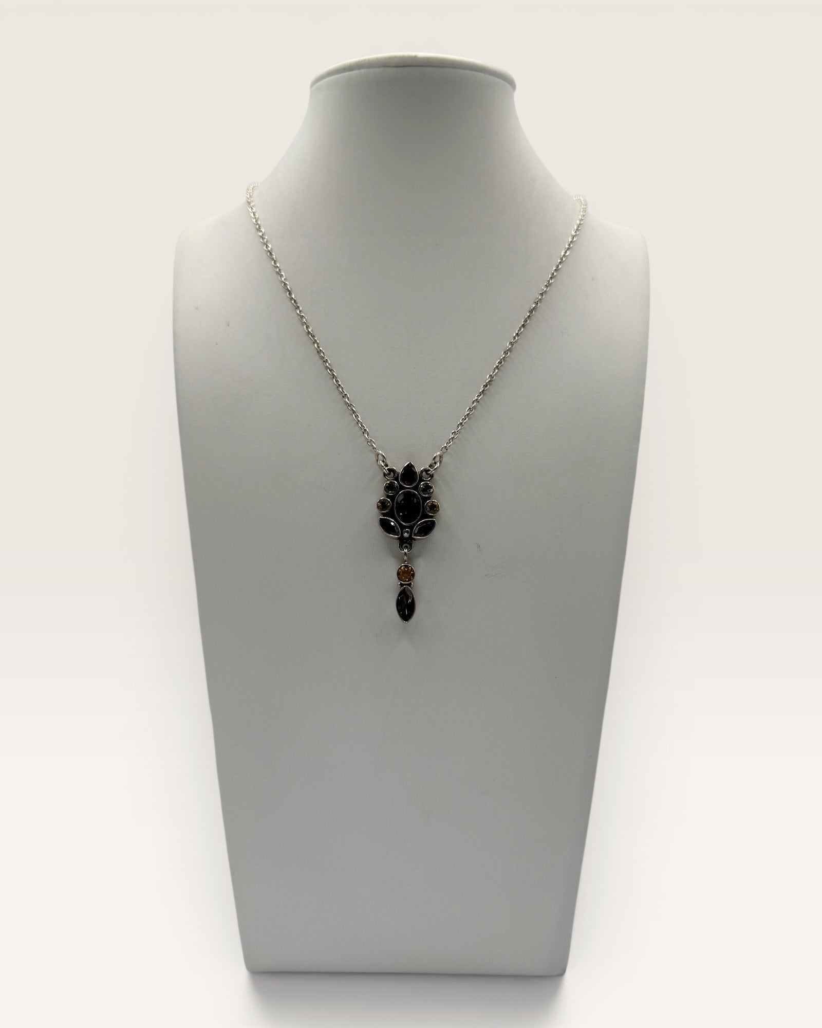 Nicky Butler 925 Sterling Silver Designer Smoky Quartz, Garnet, & Citrine Necklace - Estate Sale (Great Condition)