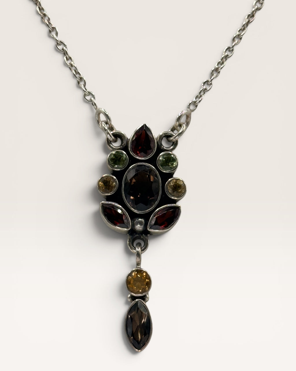 Nicky Butler 925 Sterling Silver Designer Smoky Quartz, Garnet, & Citrine Necklace - Estate Sale (Great Condition)