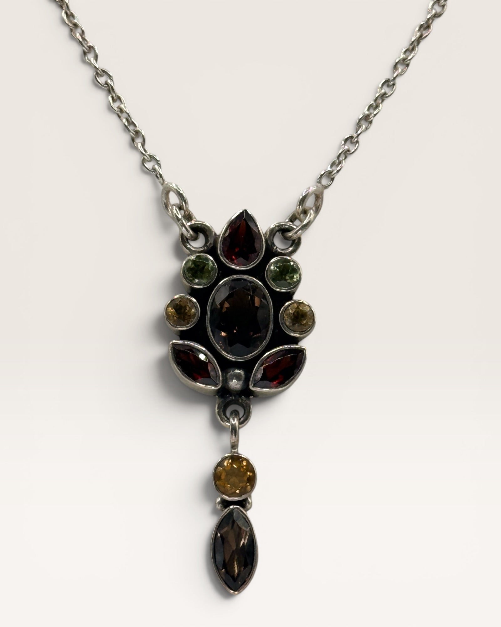 Nicky Butler 925 Sterling Silver Designer Smoky Quartz, Garnet, & Citrine Necklace - Estate Sale (Great Condition)