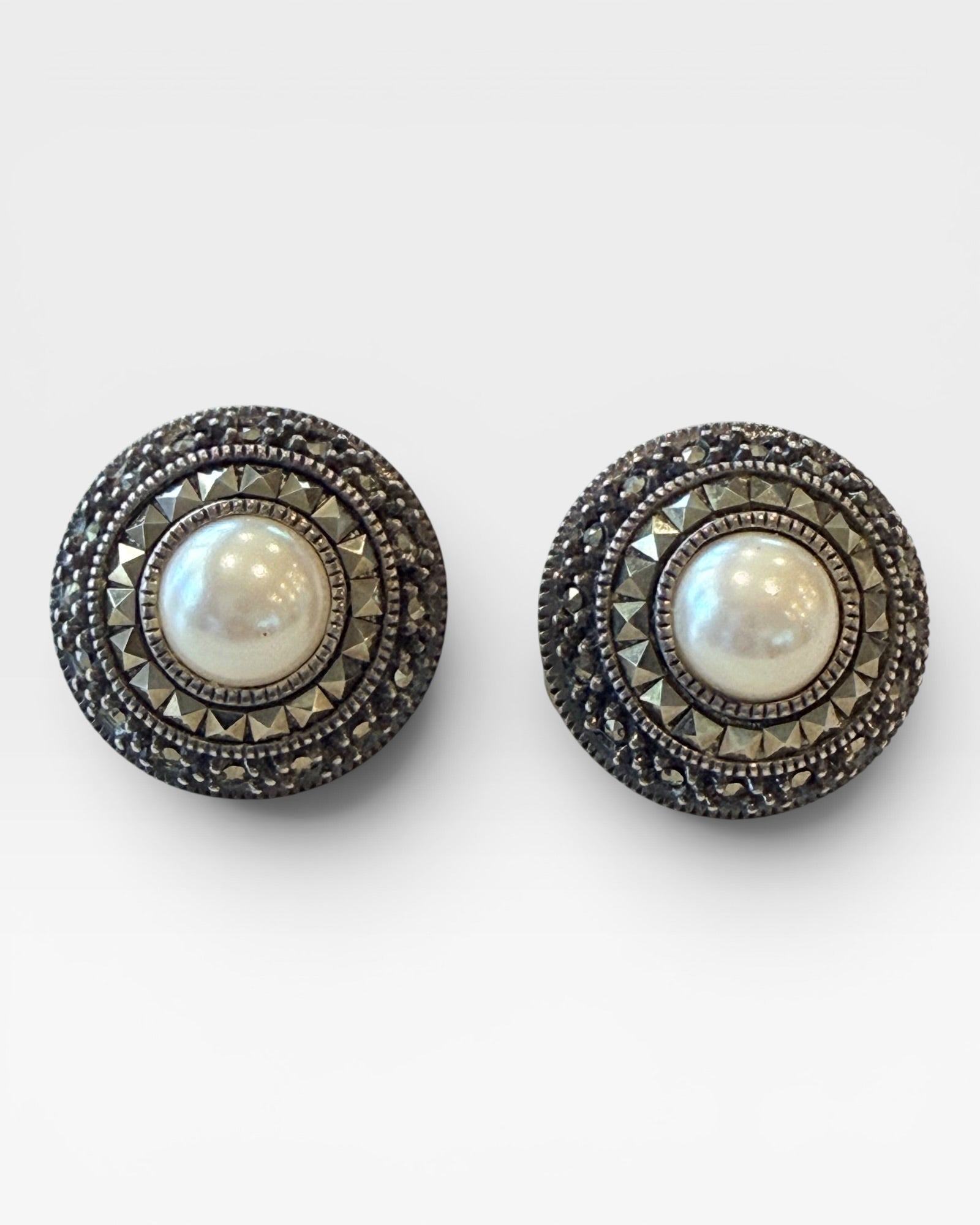 Judith Jack Marcasite and Pearl Sterling Silver Omega Back Earrings  - Estate Sale (Great Condition)
