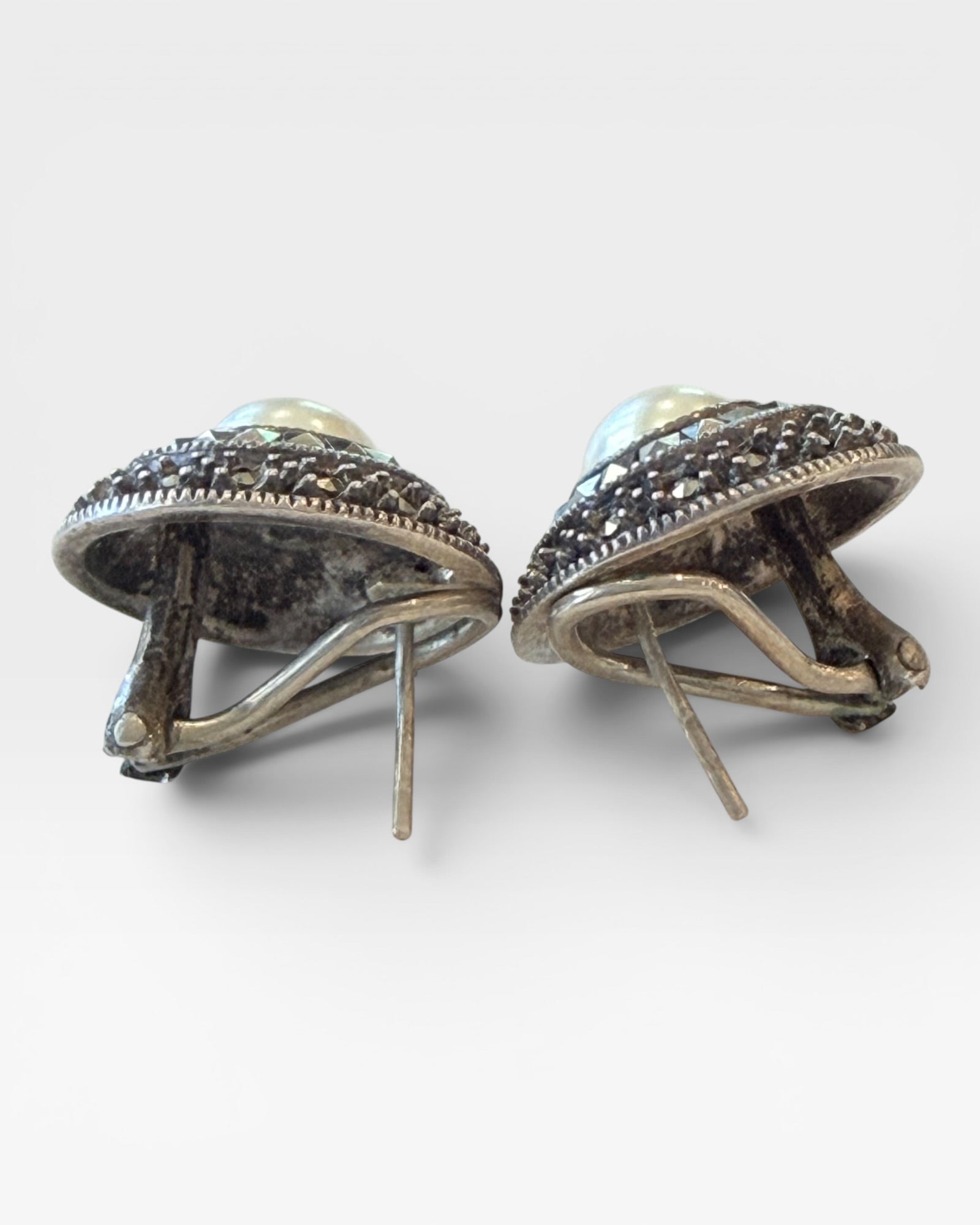 Judith Jack Marcasite and Pearl Sterling Silver Omega Back Earrings  - Estate Sale (Great Condition)