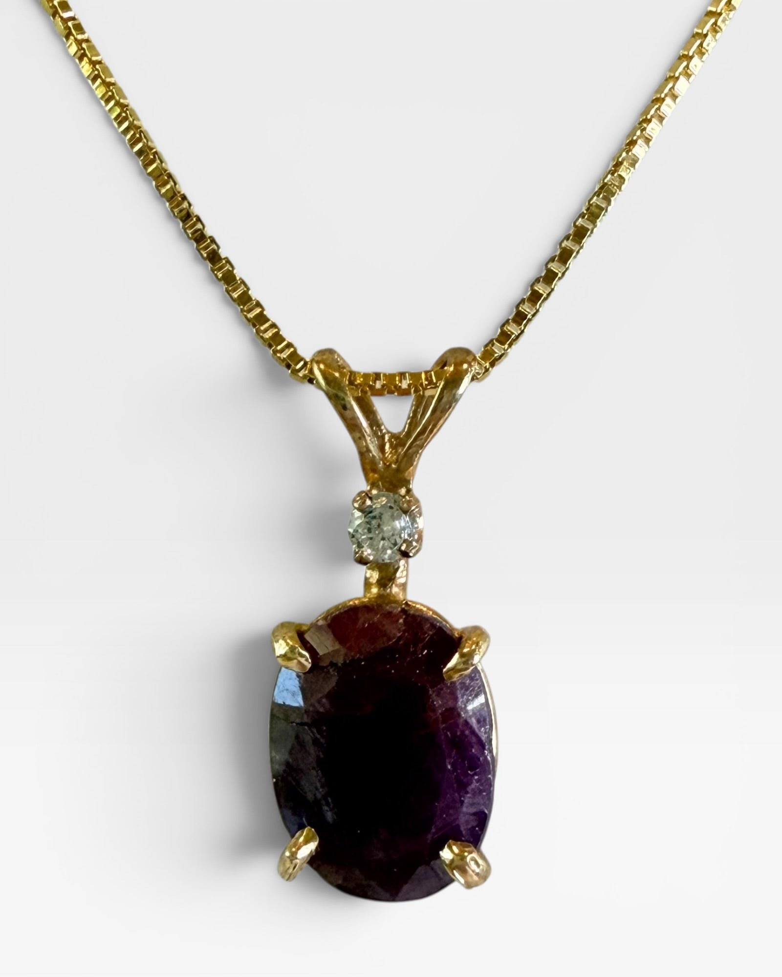 Diamond and Faceted Raw Ruby 14K Pendant Necklace on 18” gold over Sterling Chain - Estate Sale (Great Condition)