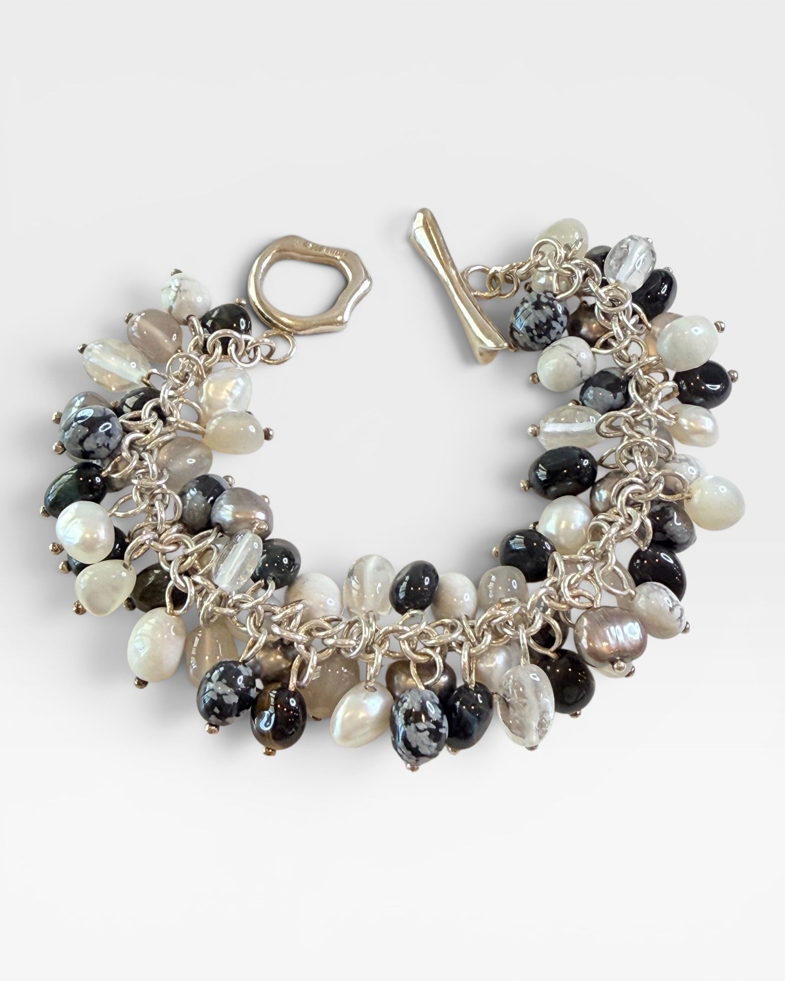 Whitney Kelly 59 grams Sterling Silver Howlite , Obsidian , Pearl, Quartz, & Tigers Eye Bracelet  - Estate Sale (Great Condition)