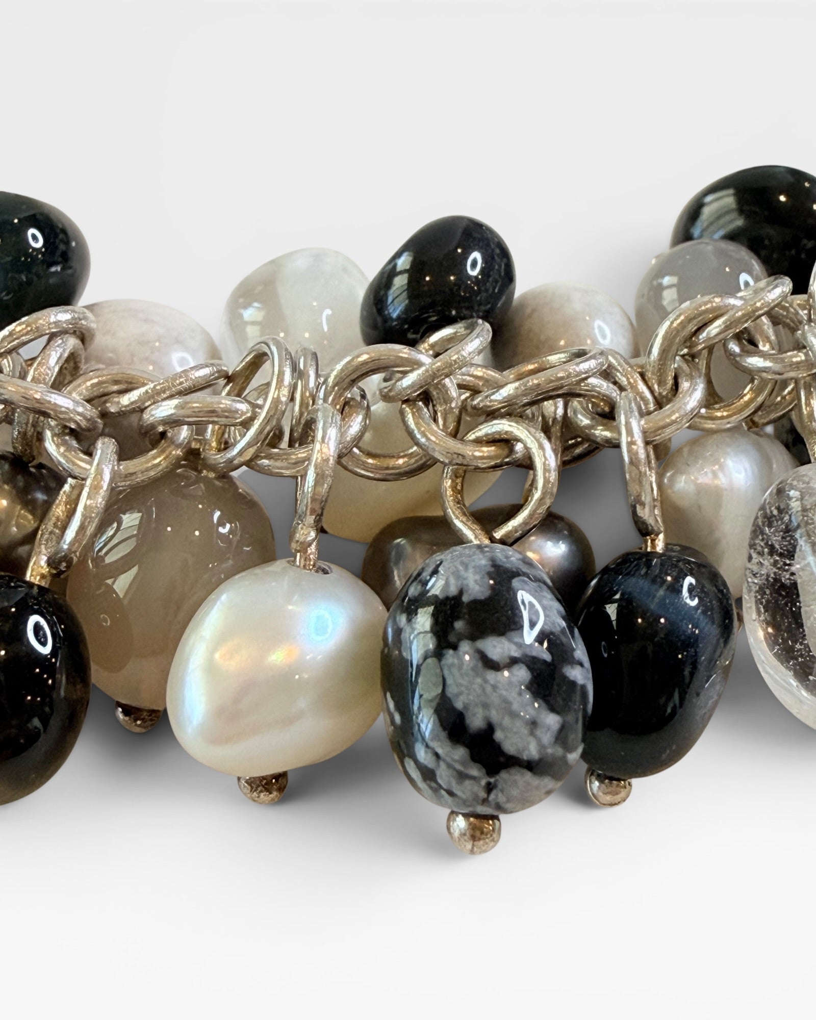 Whitney Kelly 59 grams Sterling Silver Howlite , Obsidian , Pearl, Quartz, & Tigers Eye Bracelet  - Estate Sale (Great Condition)