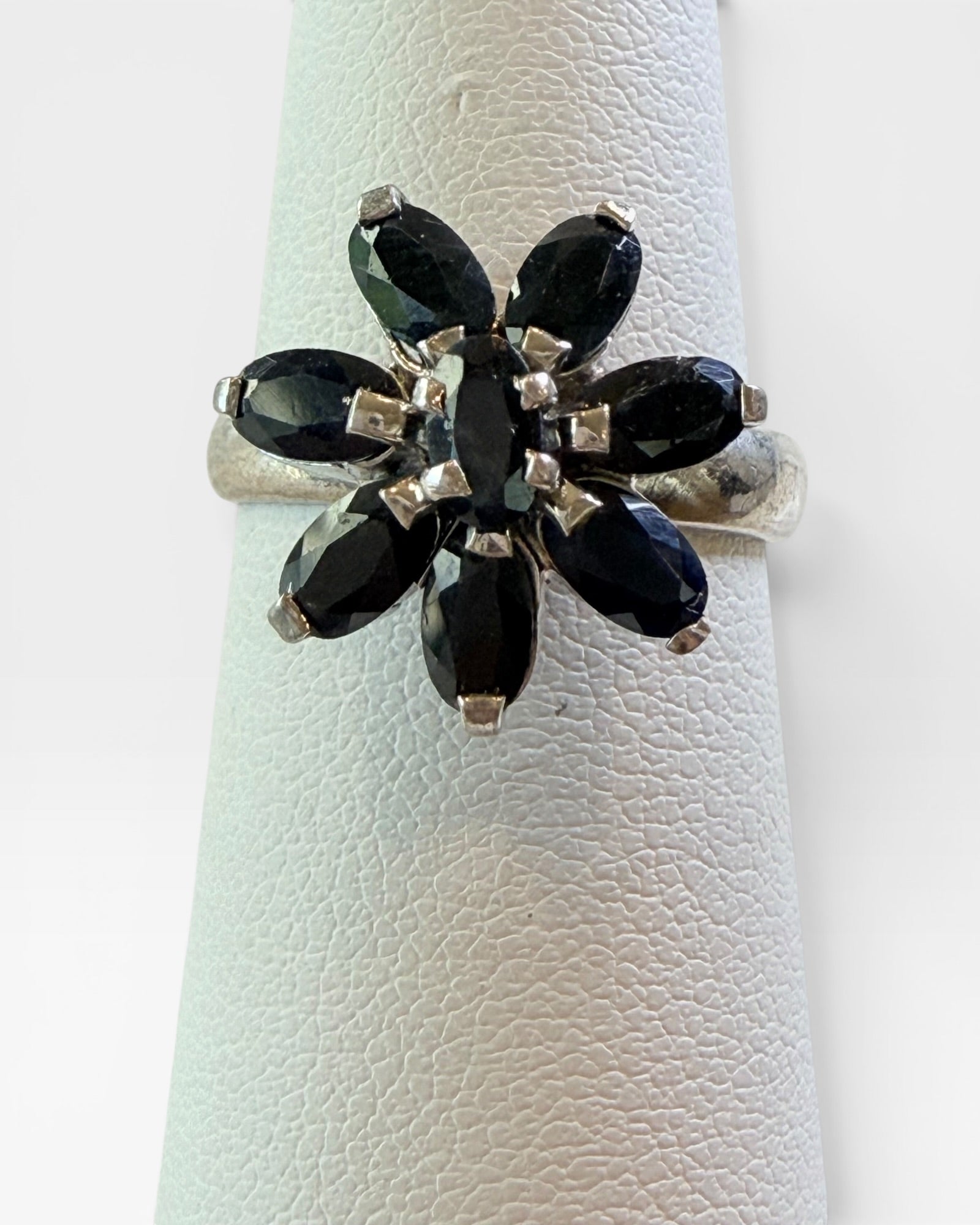Sterling Silver Natural Sapphire Flower Gemstone Ring