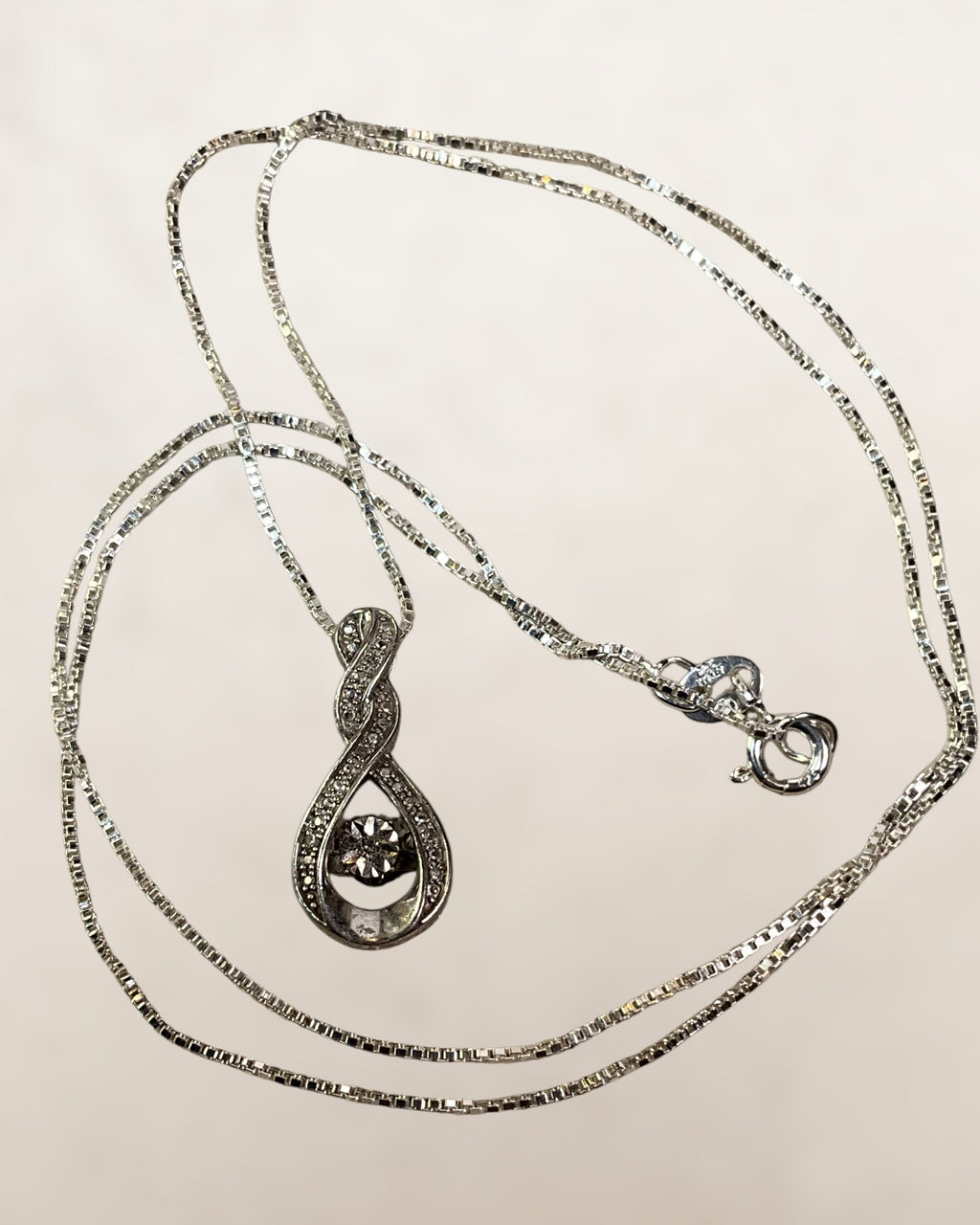 Sterling Silver Real Round-Cut Diamond Twisted Infinity Slide Pendant Necklace