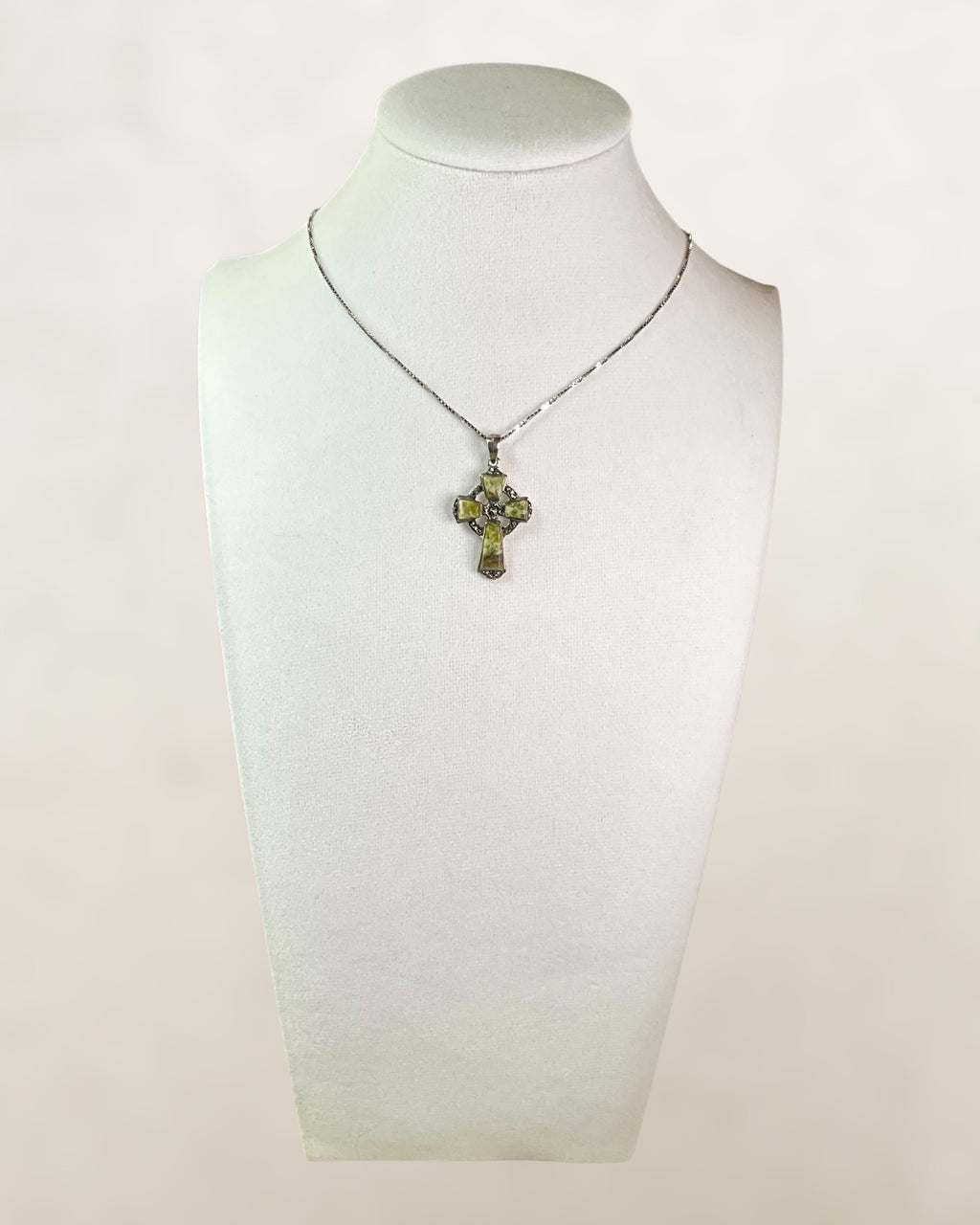Sterling Silver Celtic Cross Featuring Green Connemara Marble and Marcasite Accents Pendant Necklace