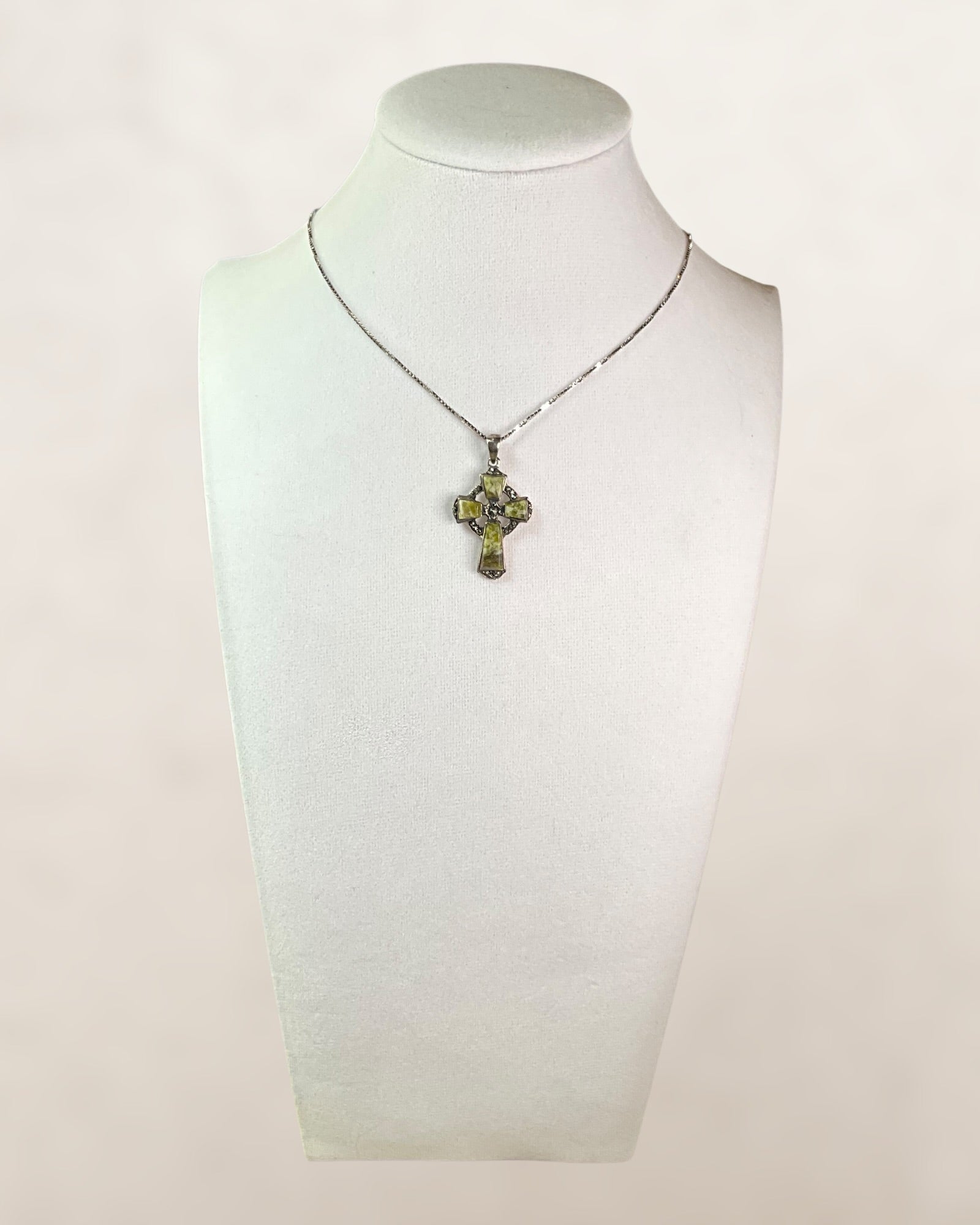 Sterling Silver Celtic Cross Featuring Green Connemara Marble and Marcasite Accents Pendant Necklace