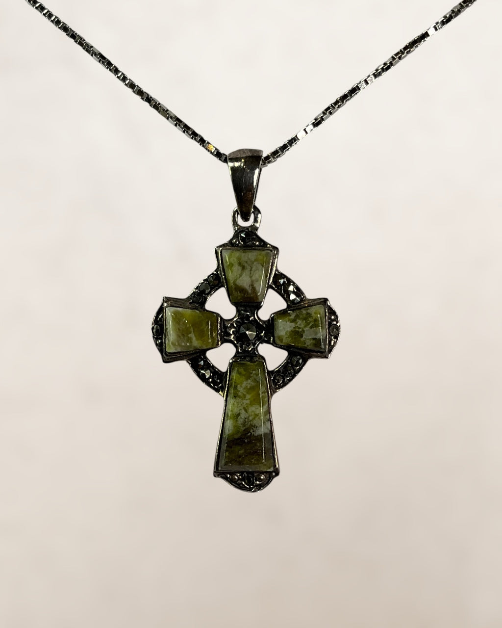 Sterling Silver Celtic Cross Featuring Green Connemara Marble and Marcasite Accents Pendant Necklace