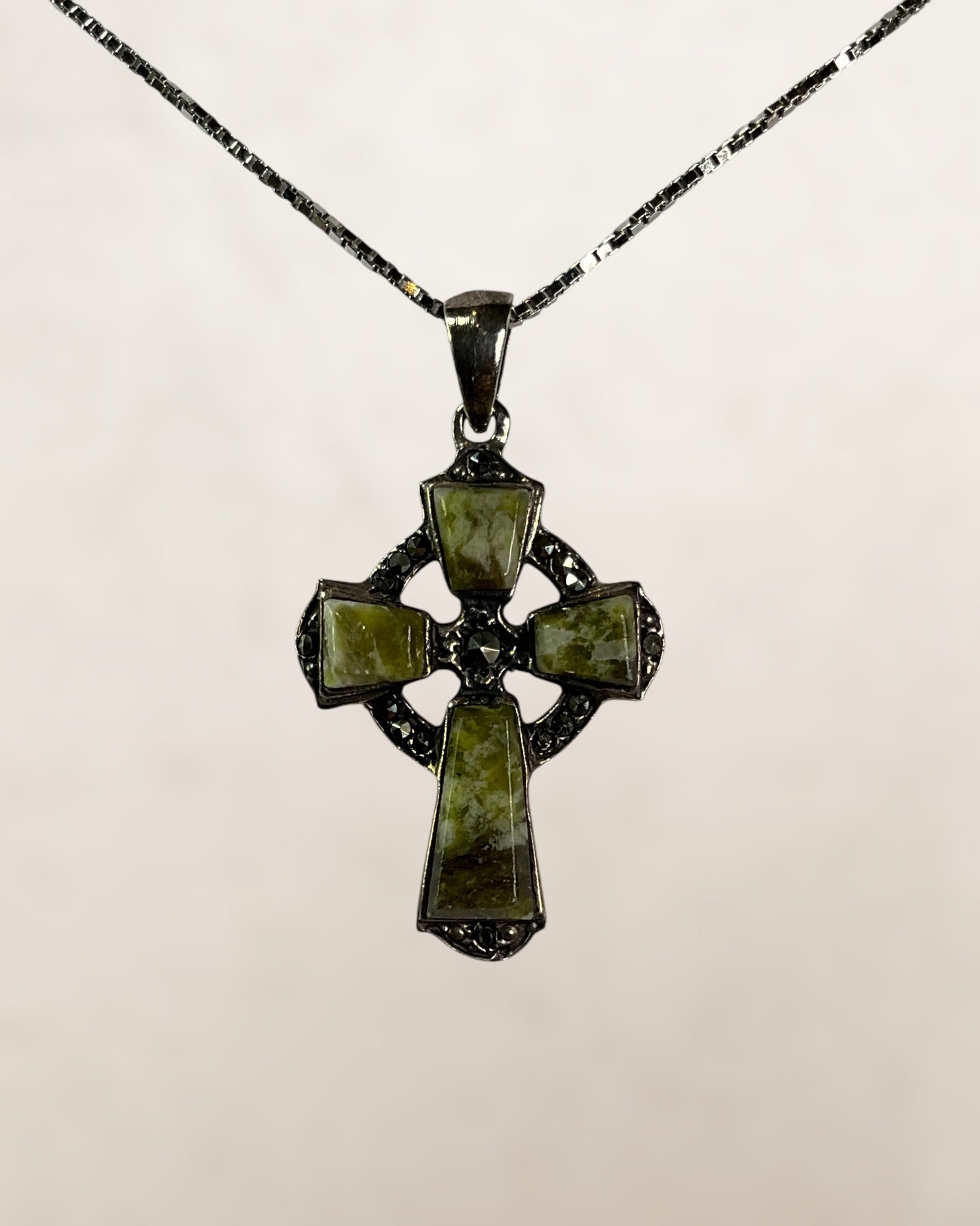Sterling Silver Celtic Cross Featuring Green Connemara Marble and Marcasite Accents Pendant Necklace