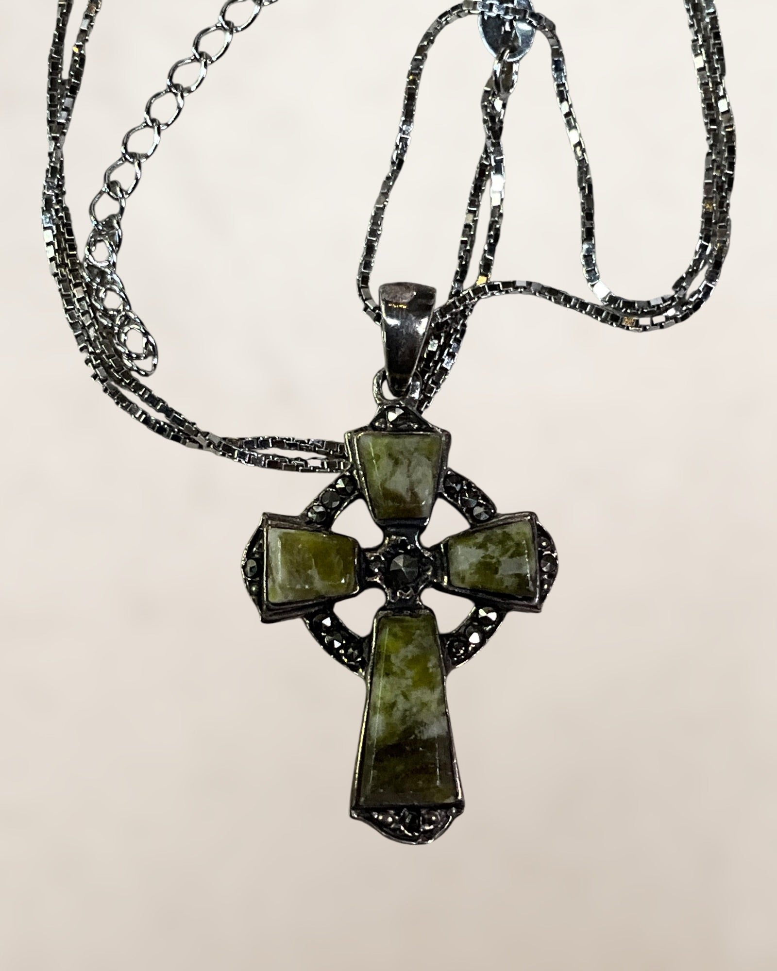 Sterling Silver Celtic Cross Featuring Green Connemara Marble and Marcasite Accents Pendant Necklace