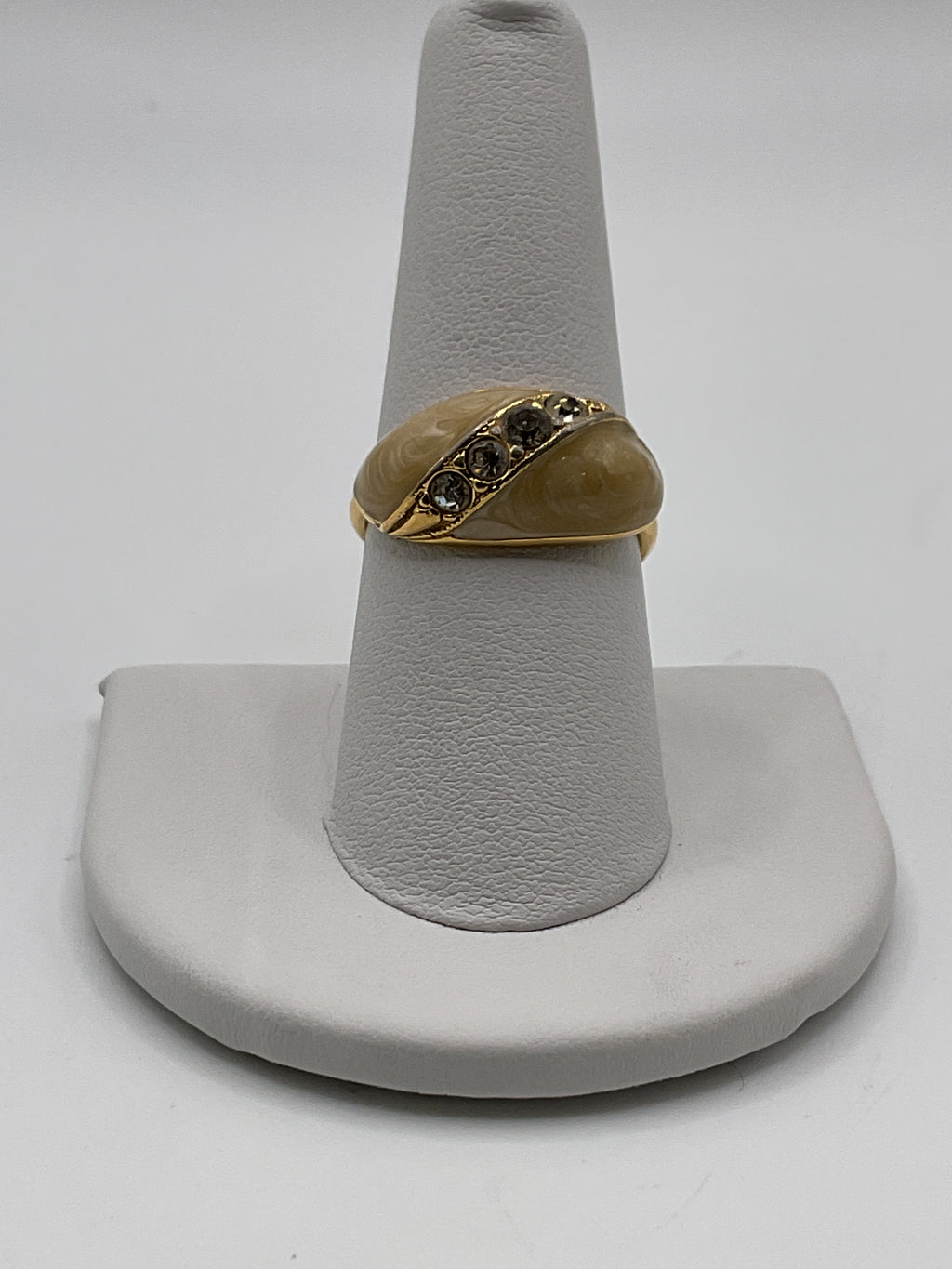 Vintage Style Cream Enamel & Smoky Crystal Ring - Estate Sale (Great Condition)