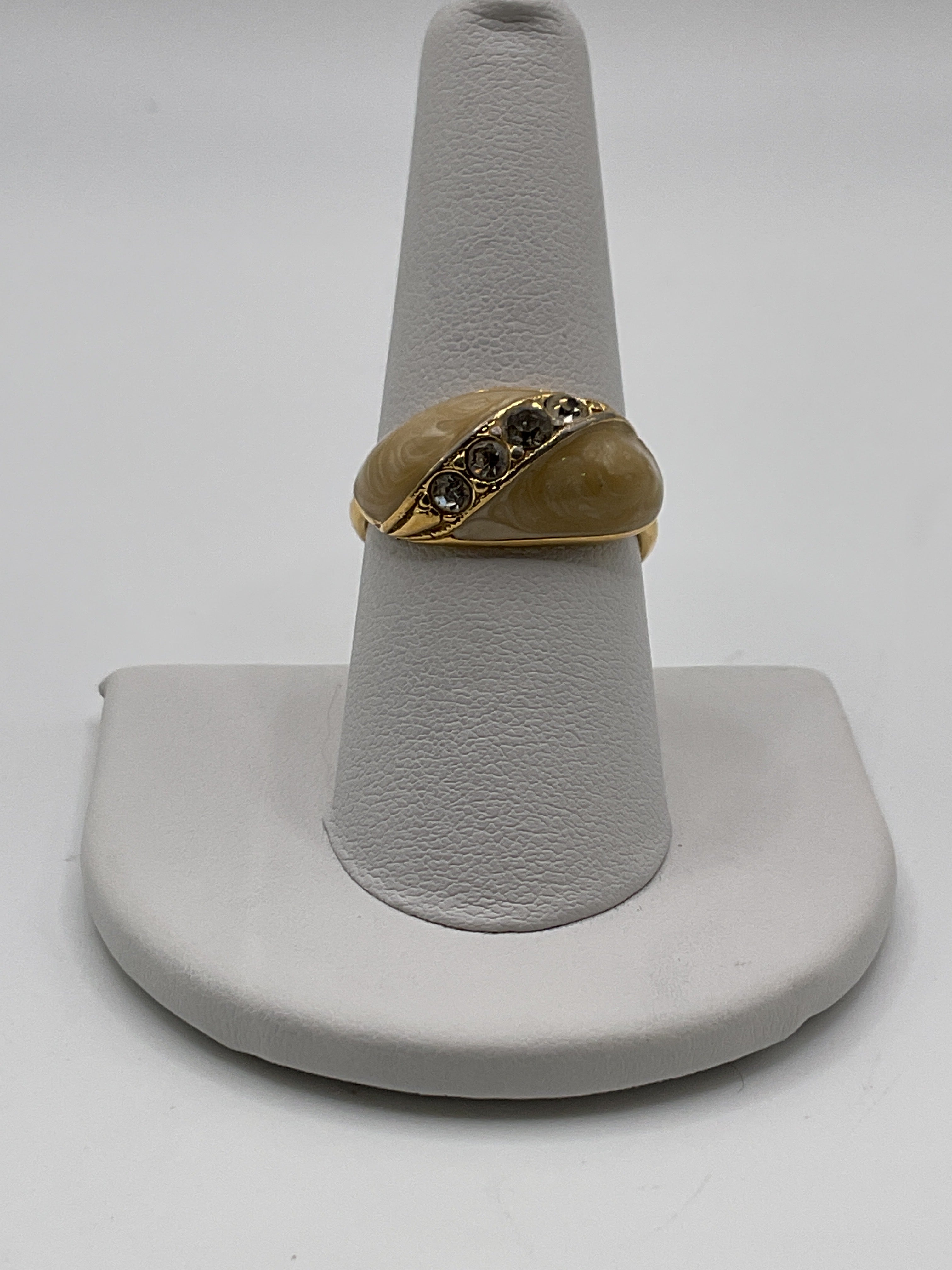 Vintage Style Cream Enamel & Smoky Crystal Ring - Estate Sale (Great Condition)