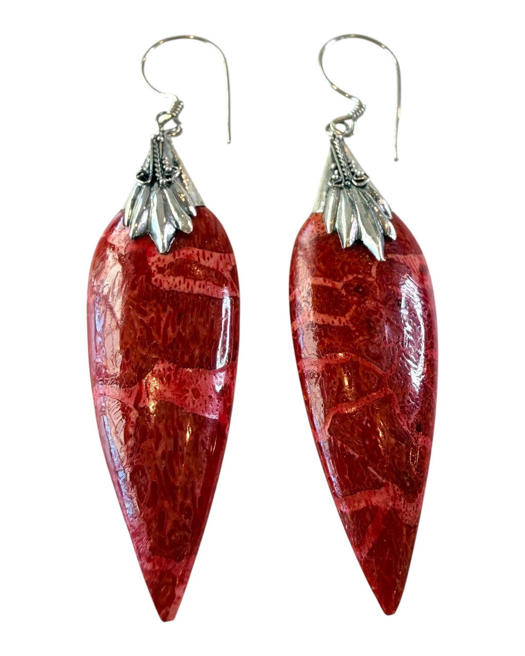Sterling Silver Bali Sponge Coral Dangle Earrings