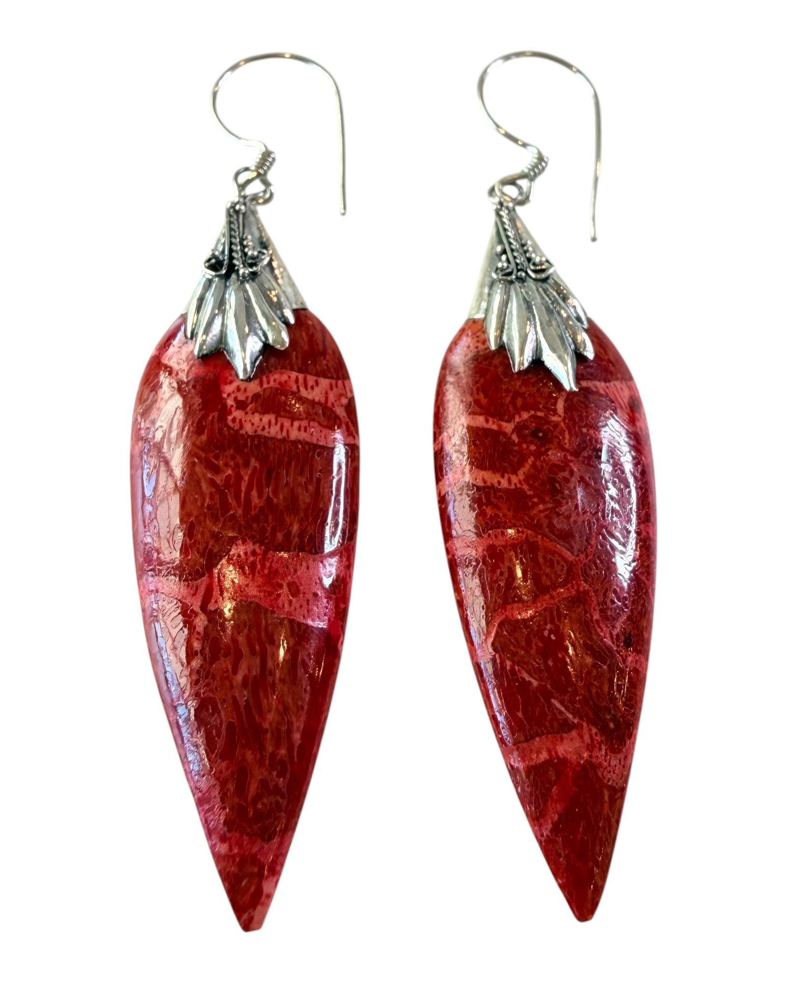 Sterling Silver Bali Sponge Coral Dangle Earrings