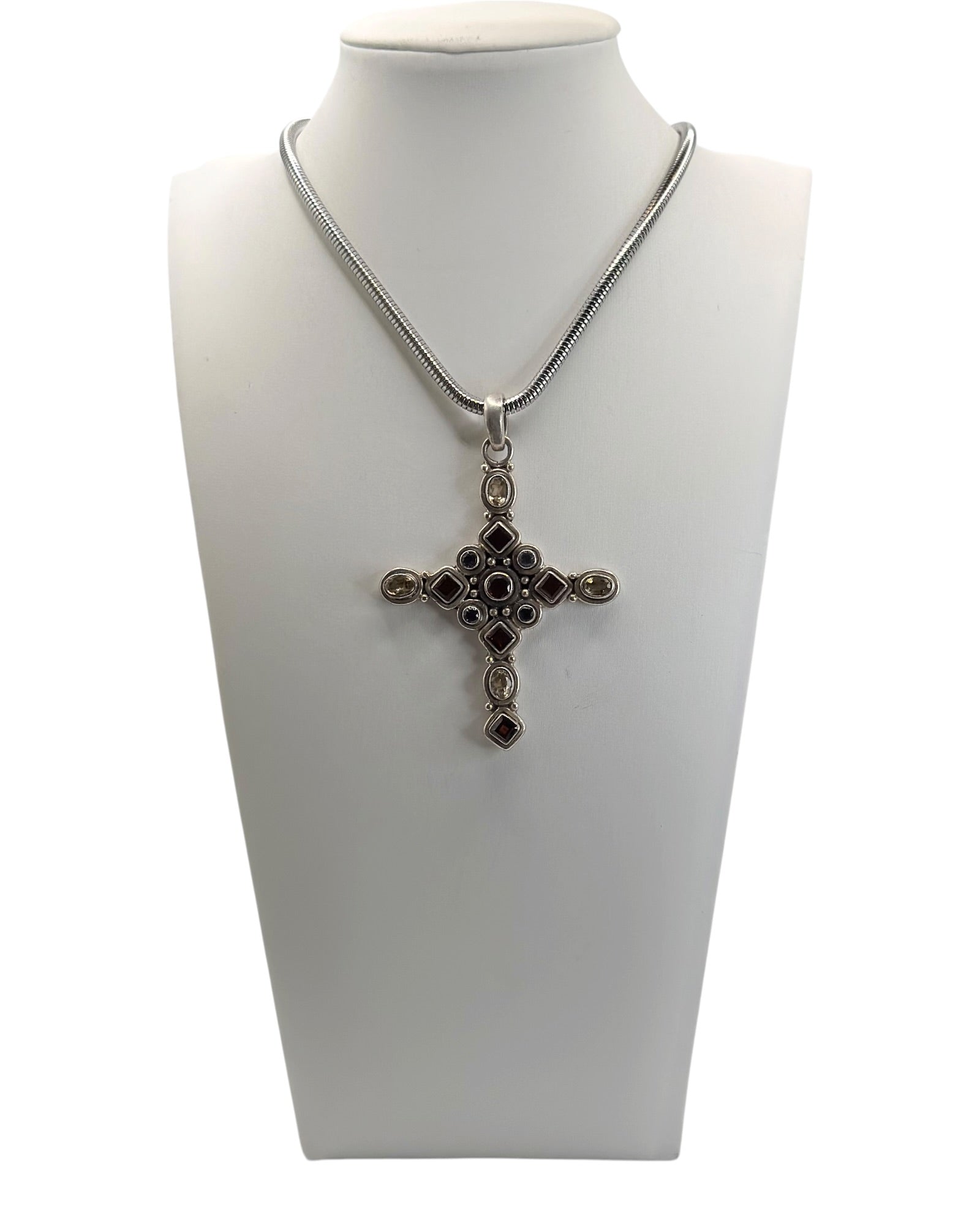 Sterling Silver 18.1 Grams Multi Gemstone Cross Pendant Necklace (Garnet, Citrine, & Blue Topaz) - Estate Sale (Great Condition)