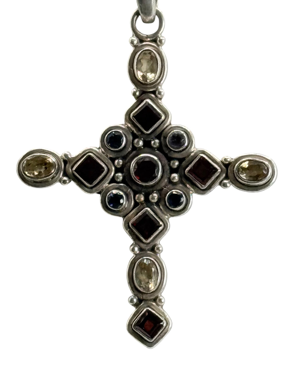 Sterling Silver 18.1 Grams Multi Gemstone Cross Pendant Necklace (Garnet, Citrine, & Blue Topaz) - Estate Sale (Great Condition)
