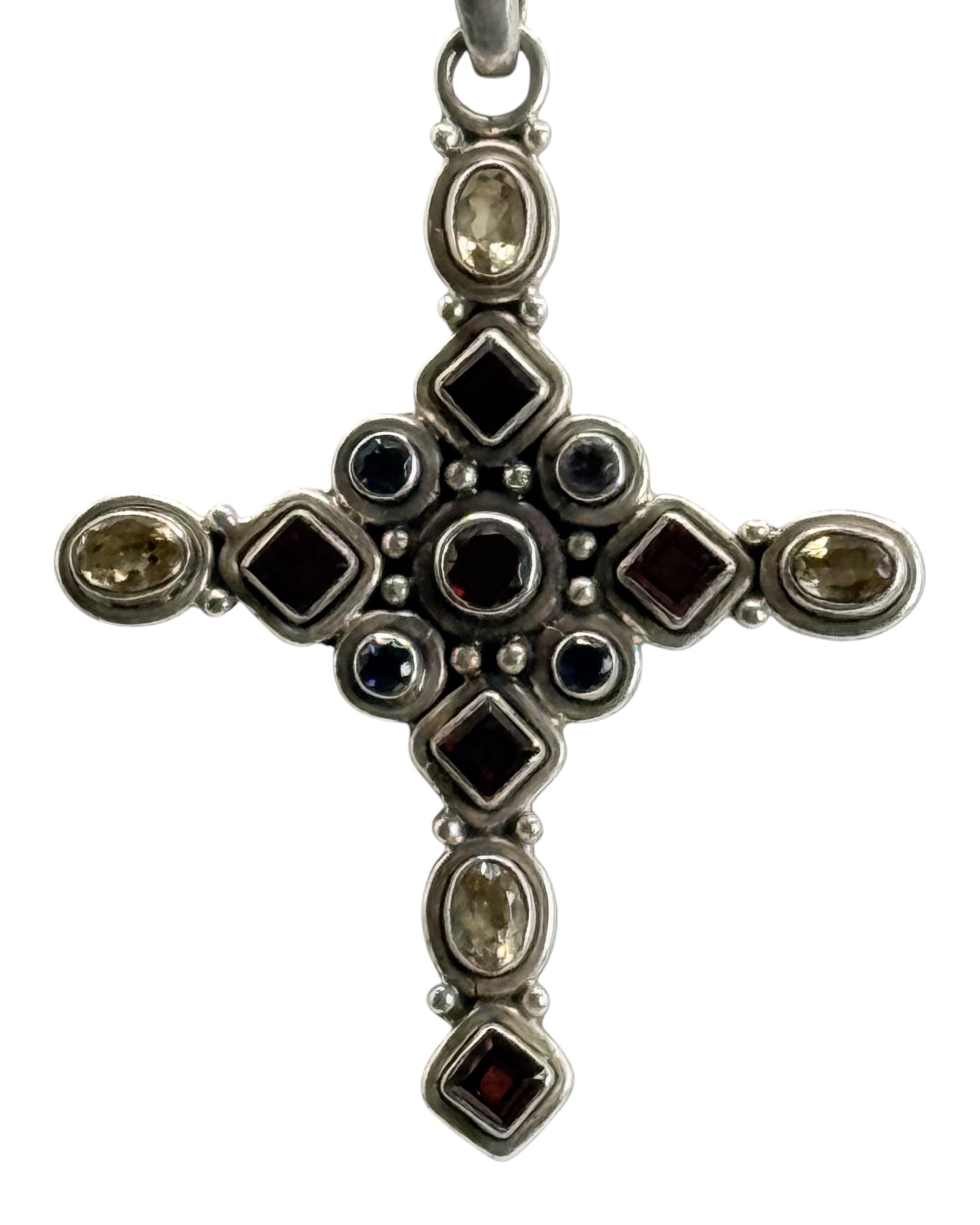 Sterling Silver 18.1 Grams Multi Gemstone Cross Pendant Necklace (Garnet, Citrine, & Blue Topaz) - Estate Sale (Great Condition)