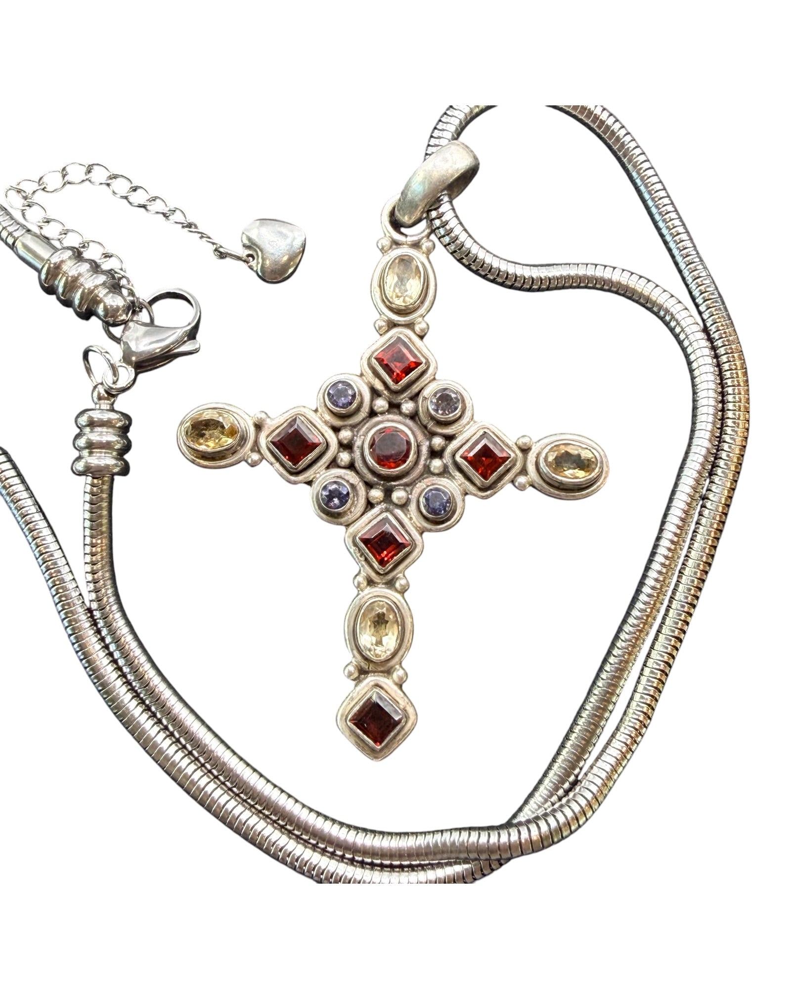 Sterling Silver 18.1 Grams Multi Gemstone Cross Pendant Necklace (Garnet, Citrine, & Blue Topaz) - Estate Sale (Great Condition)
