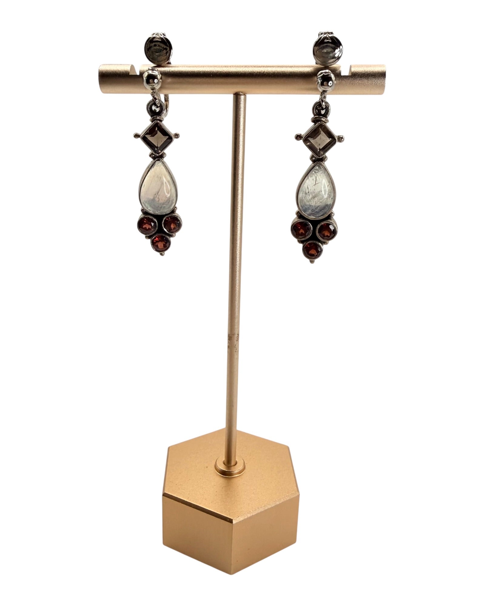 Nicky Butler Sterling Silver Smoky, Moonstone & Garnet Dangle Clip On Earrings - Estate Sale (Great Condition)