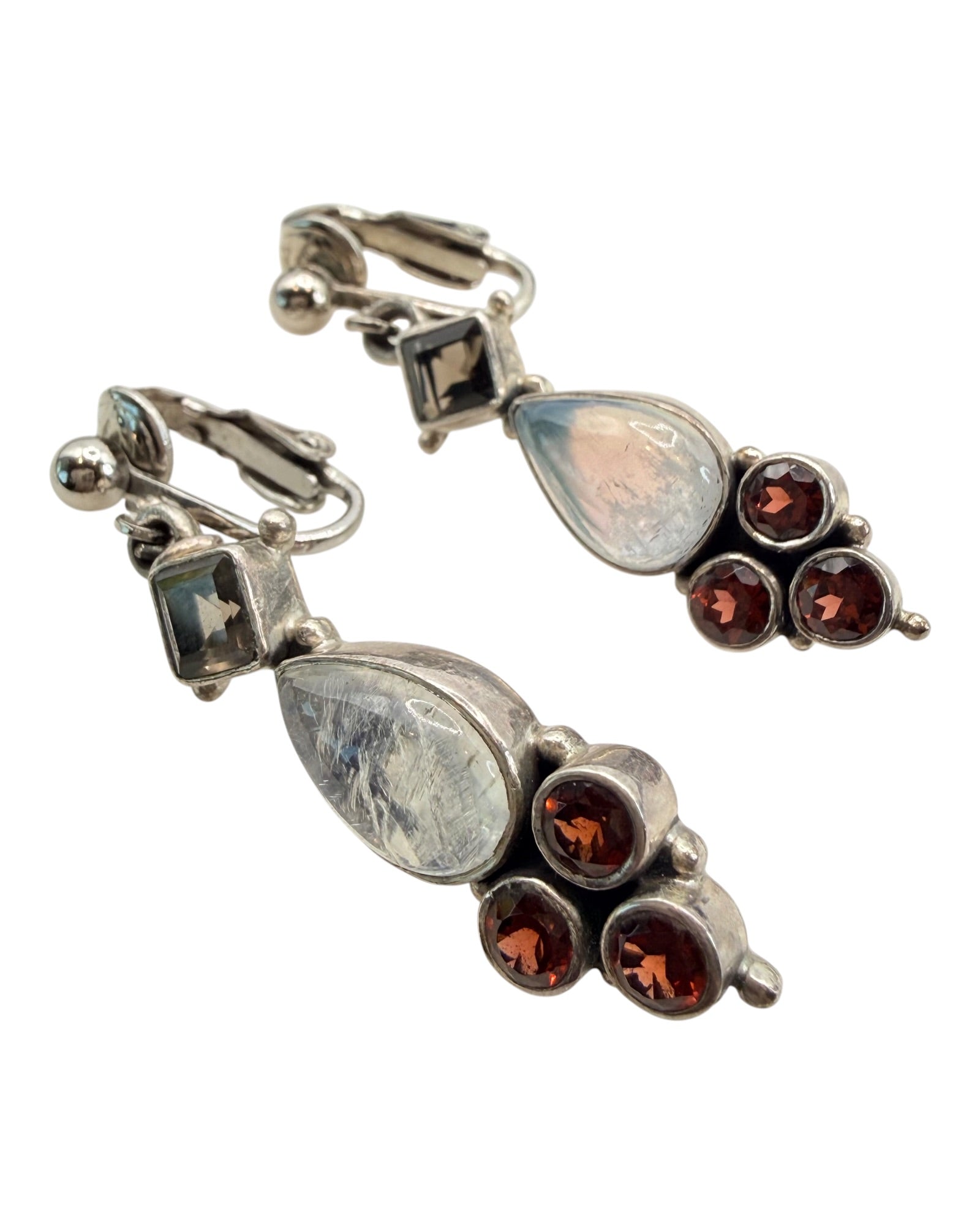 Nicky Butler Sterling Silver Smoky, Moonstone & Garnet Dangle Clip On Earrings - Estate Sale (Great Condition)