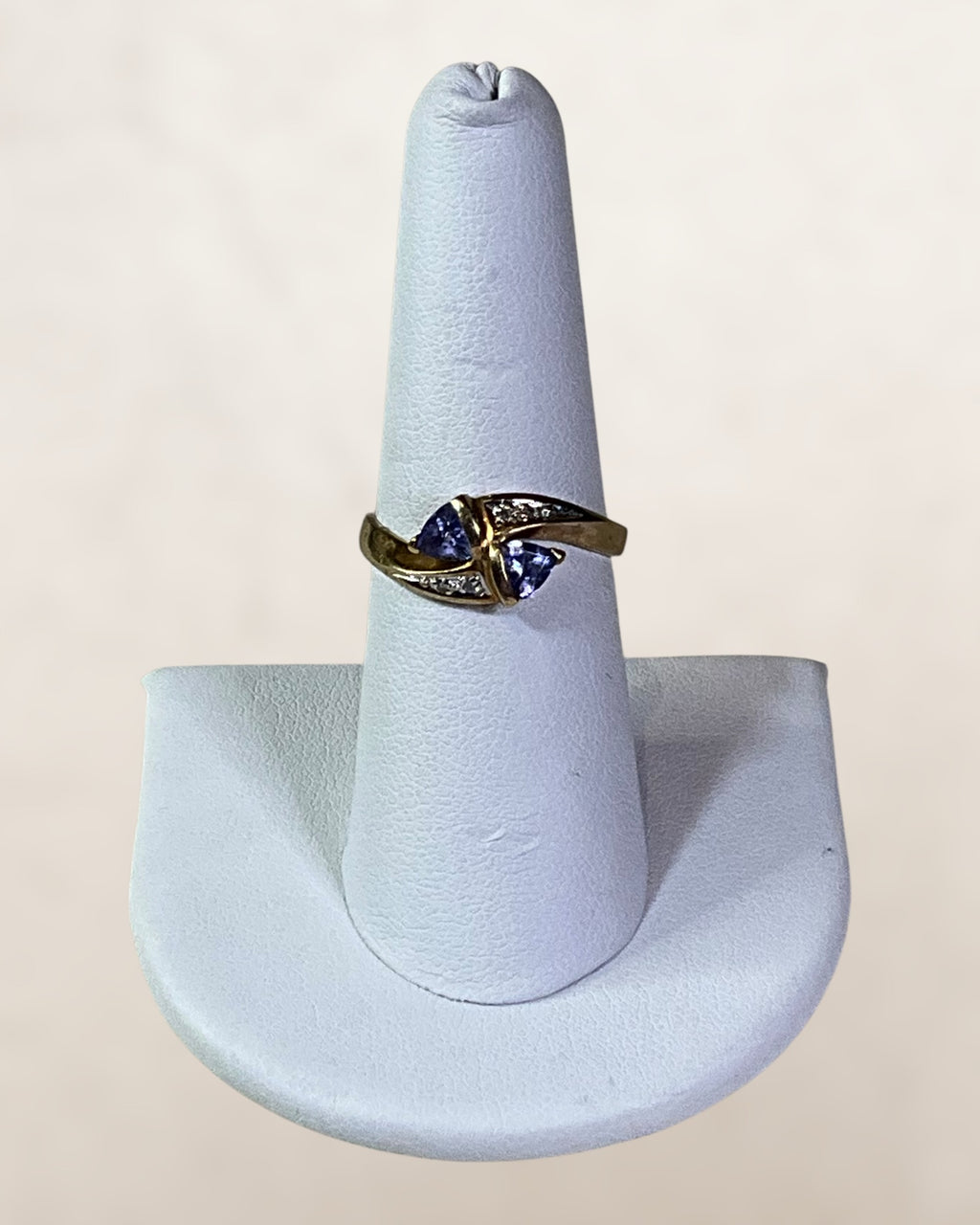 Vintage 10k Yellow Gold By Pass Ring Featuring Two Vibrant Trillion Cut Tanzanite and Channel set Diamonds - Estate sale (Great Condition)
