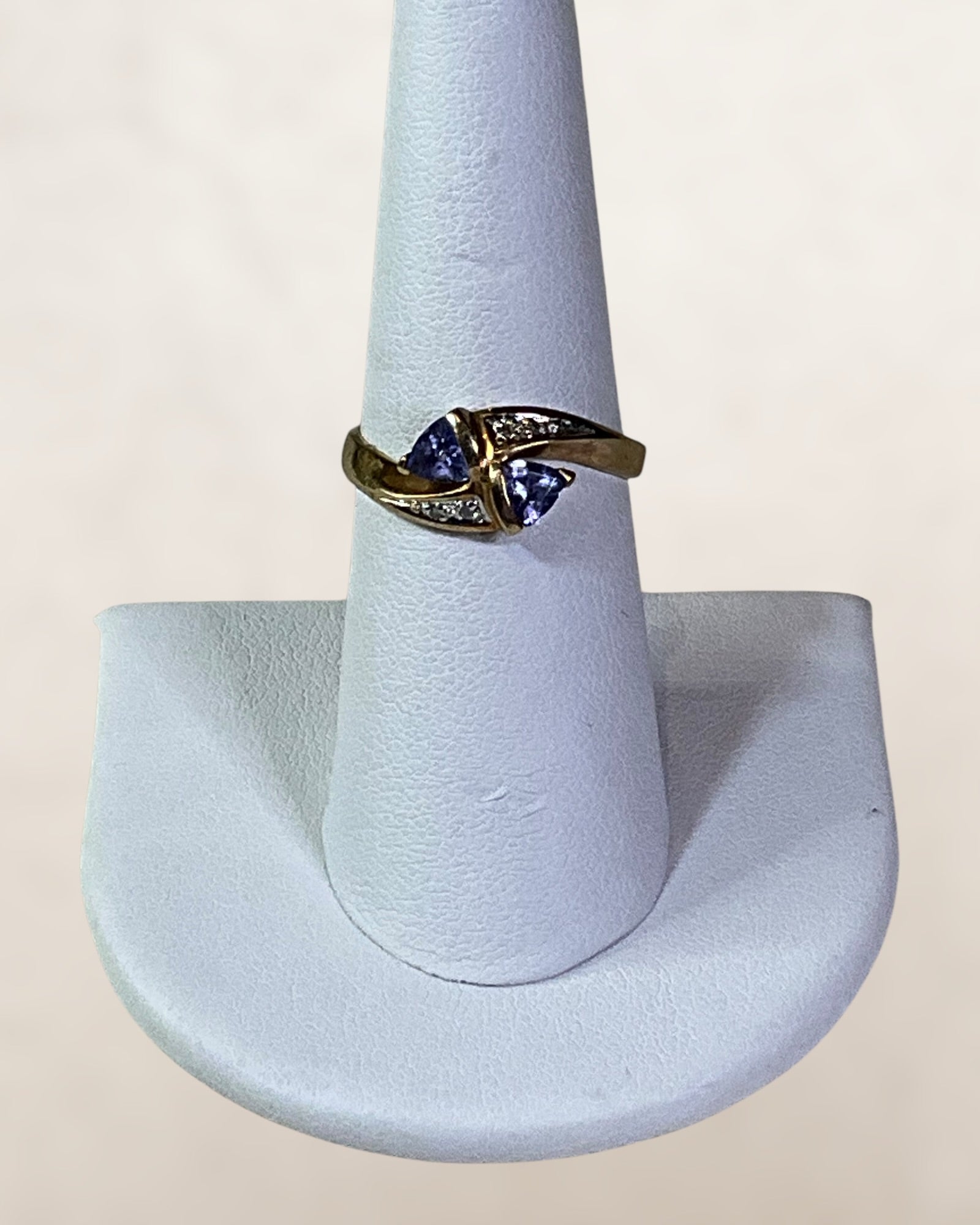 Vintage 10k Yellow Gold By Pass Ring Featuring Two Vibrant Trillion Cut Tanzanite and Channel set Diamonds - Estate sale (Great Condition)