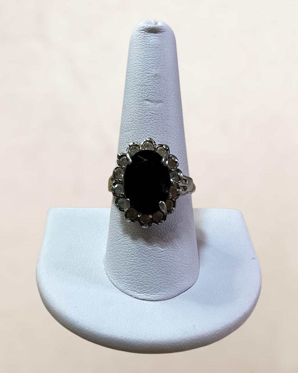 Vintage Avon Silver-tone Ring Featuring a Large Oval Black Stone Surrounded by 14 smaller White Rhinestones Estate Sale (Great Condition)