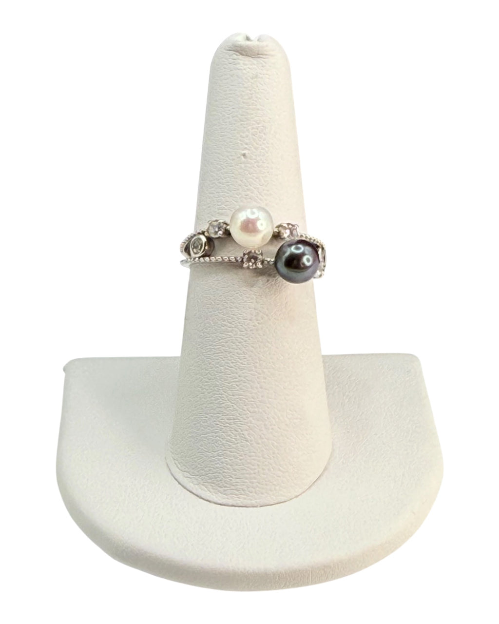 Sterling Silver Black and White Pearl Cubic Zirconia Ring - Estate Sale (Great Condition)