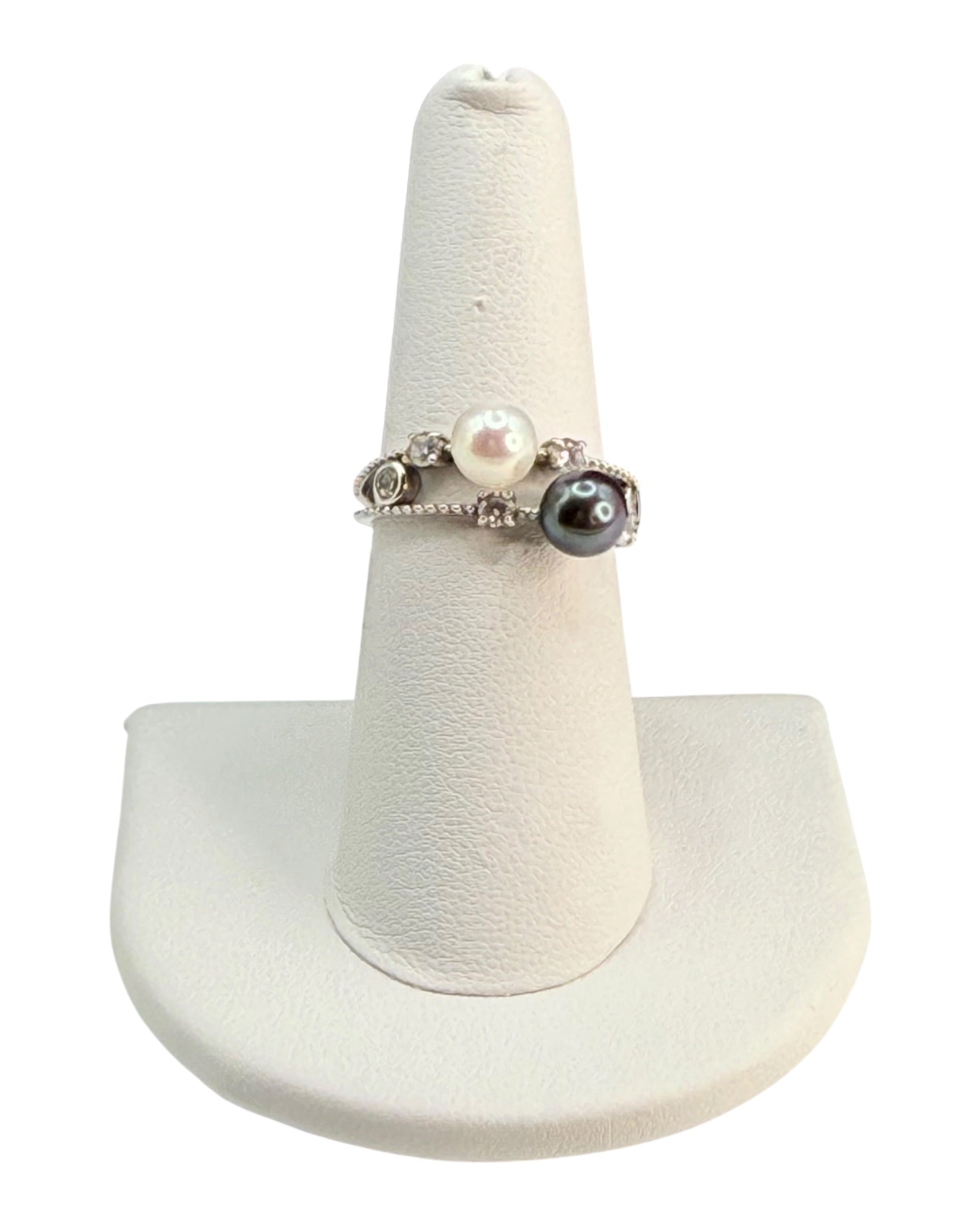 Sterling Silver Black and White Pearl Cubic Zirconia Ring - Estate Sale (Great Condition)