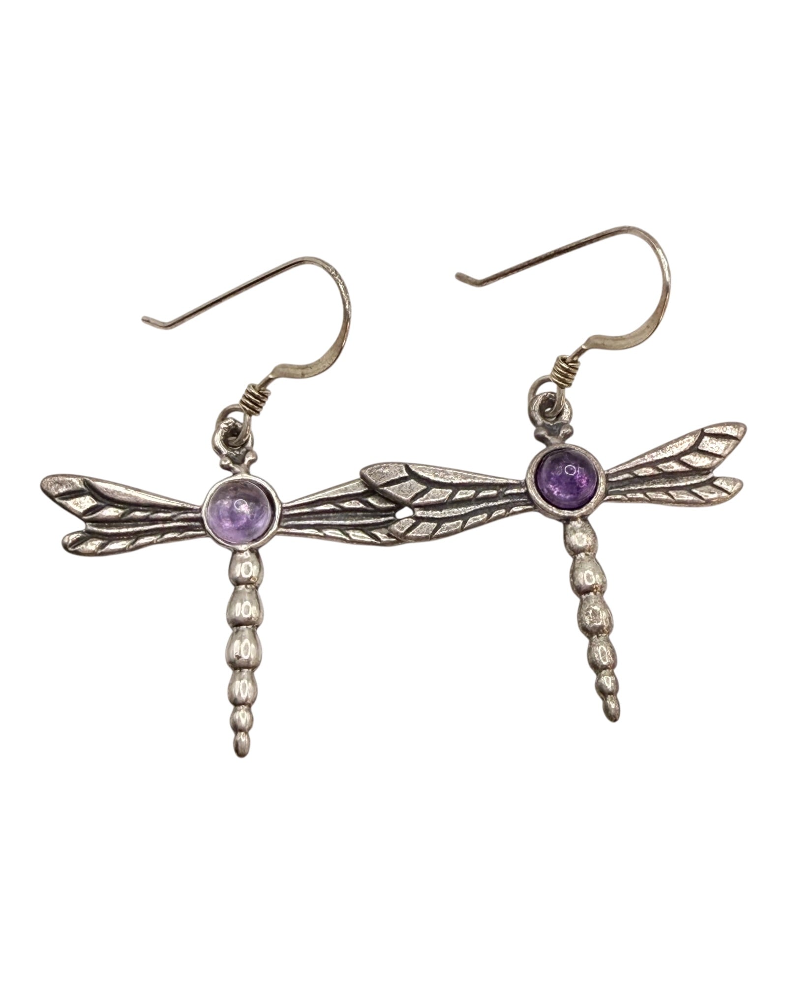 Vintage Dragonfly  Amethyst Sterling Silver 925 Drop Dangle Pierced Earrings - Estate Sale (Great Condition)