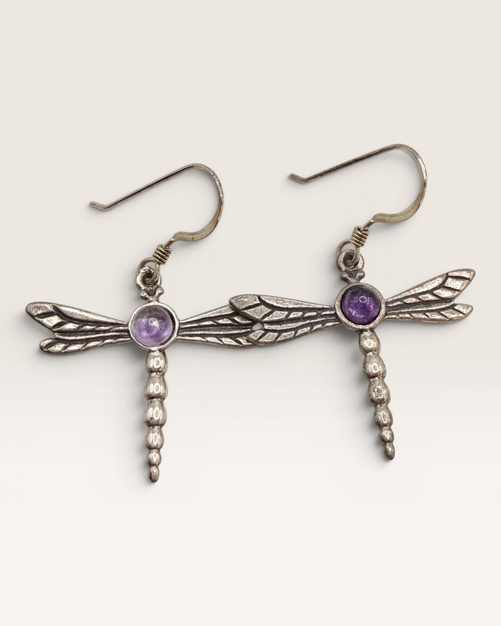 Vintage Dragonfly  Amethyst Sterling Silver 925 Drop Dangle Pierced Earrings - Estate Sale (Great Condition)