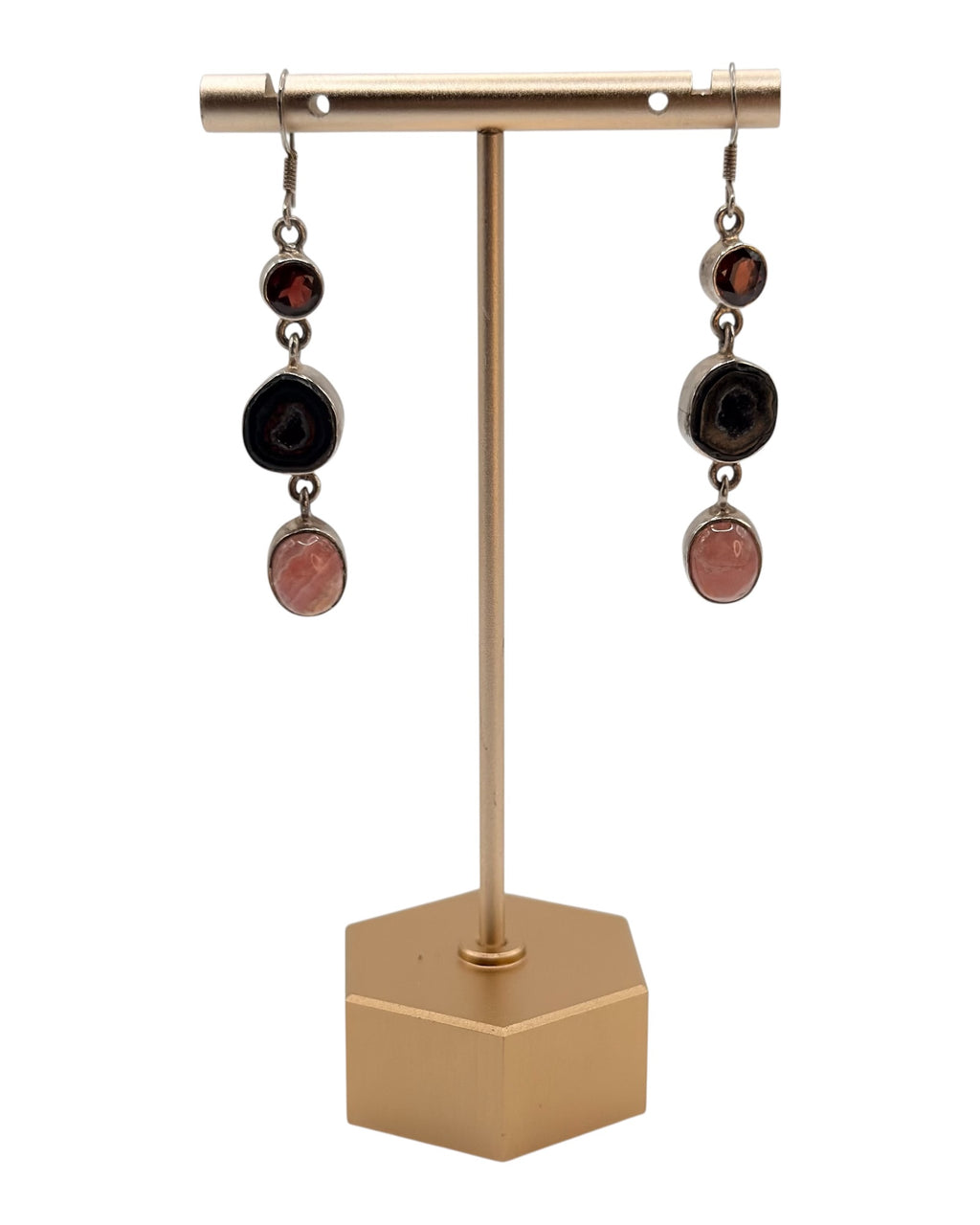 Sterling Silver Tabasco Geodes with Garnet & Rhodochrosite Dangle Earrings