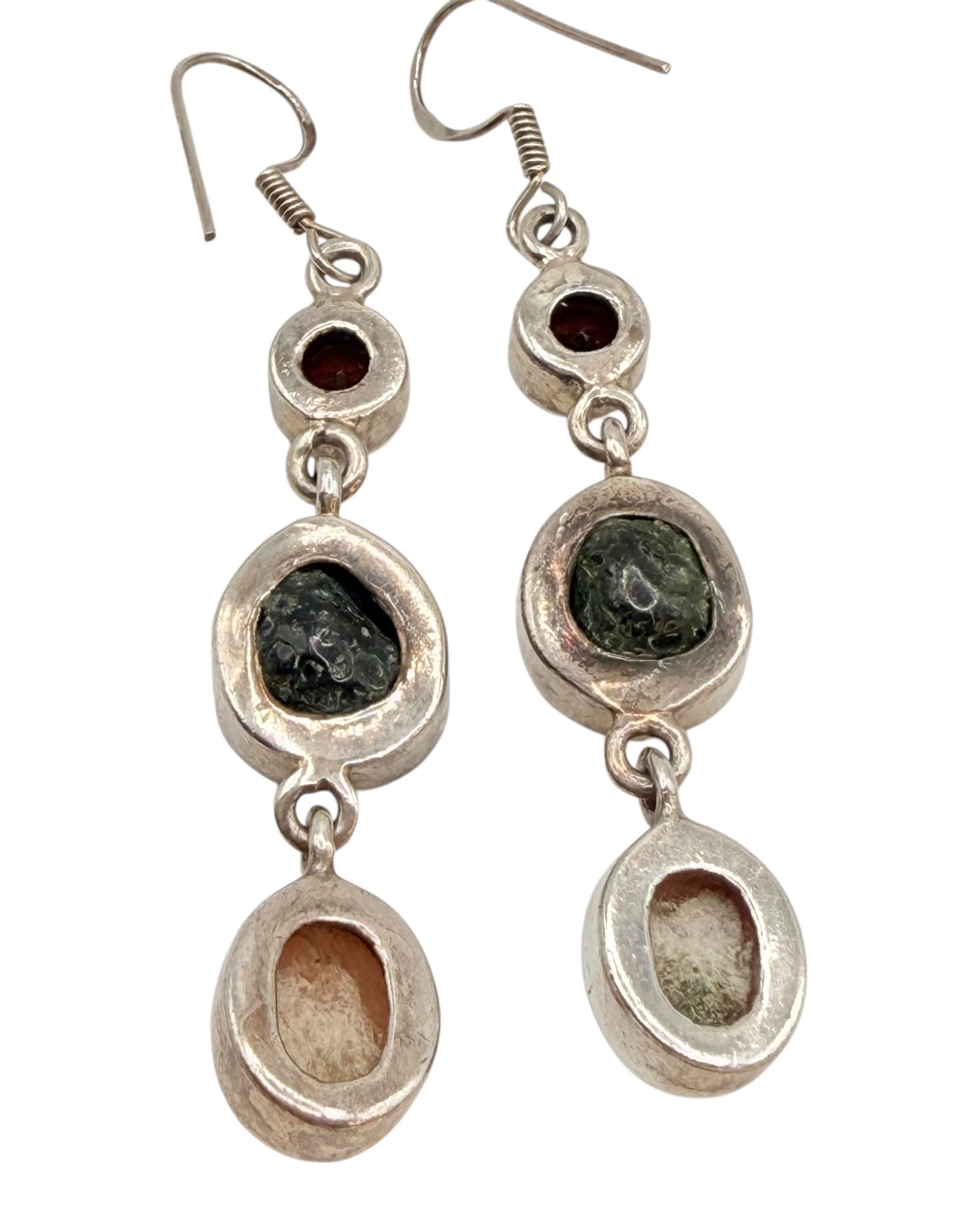Sterling Silver Tabasco Geodes with Garnet & Rhodochrosite Dangle Earrings