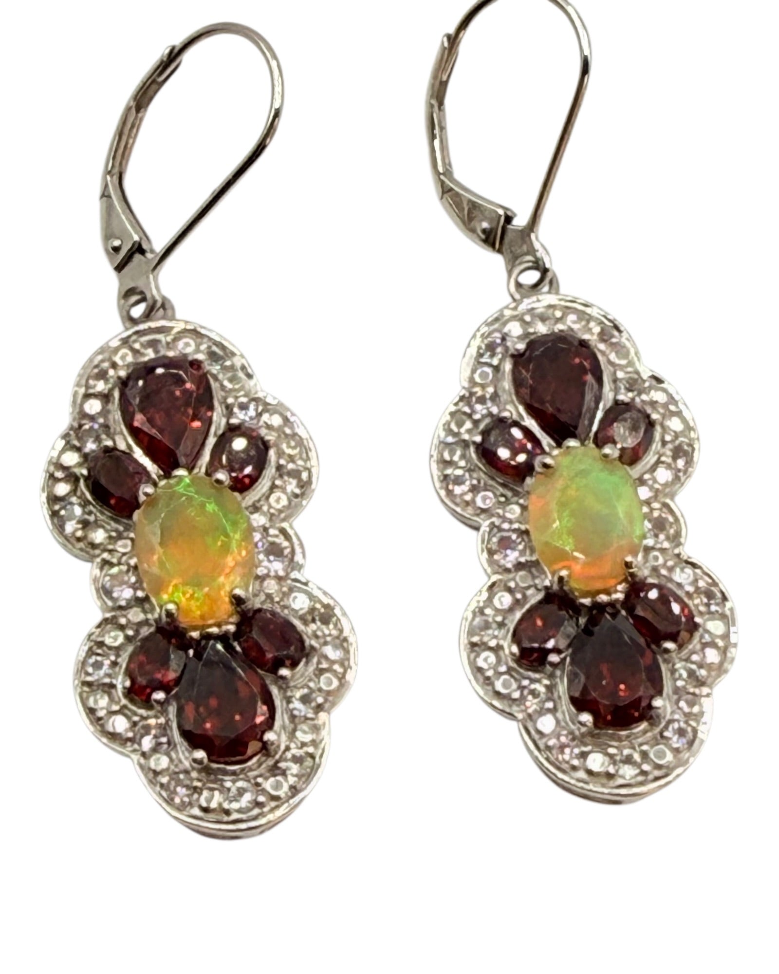 Sterling Silver Ethiopian Opal Garnet Dangle Earrings