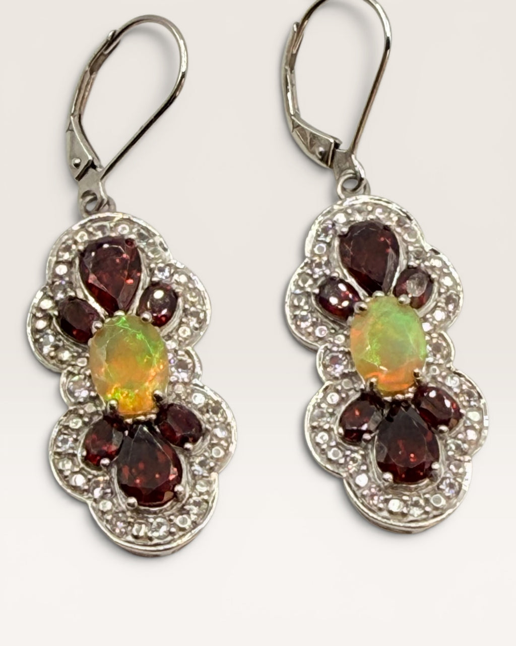 Sterling Silver Ethiopian Opal Garnet Dangle Earrings