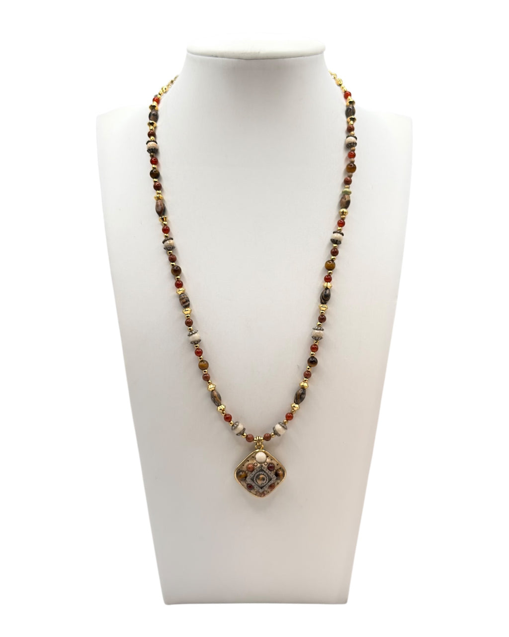 Vintage Michal Golan Tigers Eye, Carnelian, Leopard Skin Jasper, & Sunstone Necklace Adjustable 14 To 17 Inches Long - Estate Sale (Great Condition)