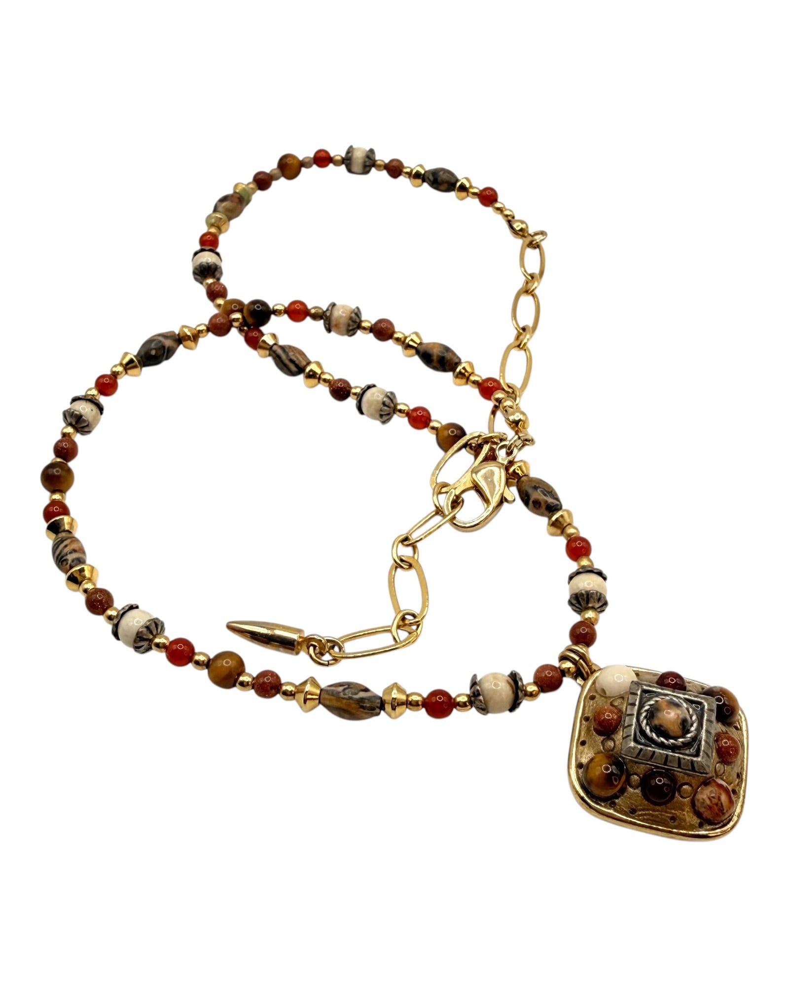 Vintage Michal Golan Tigers Eye, Carnelian, Leopard Skin Jasper, & Sunstone Necklace Adjustable 14 To 17 Inches Long - Estate Sale (Great Condition)