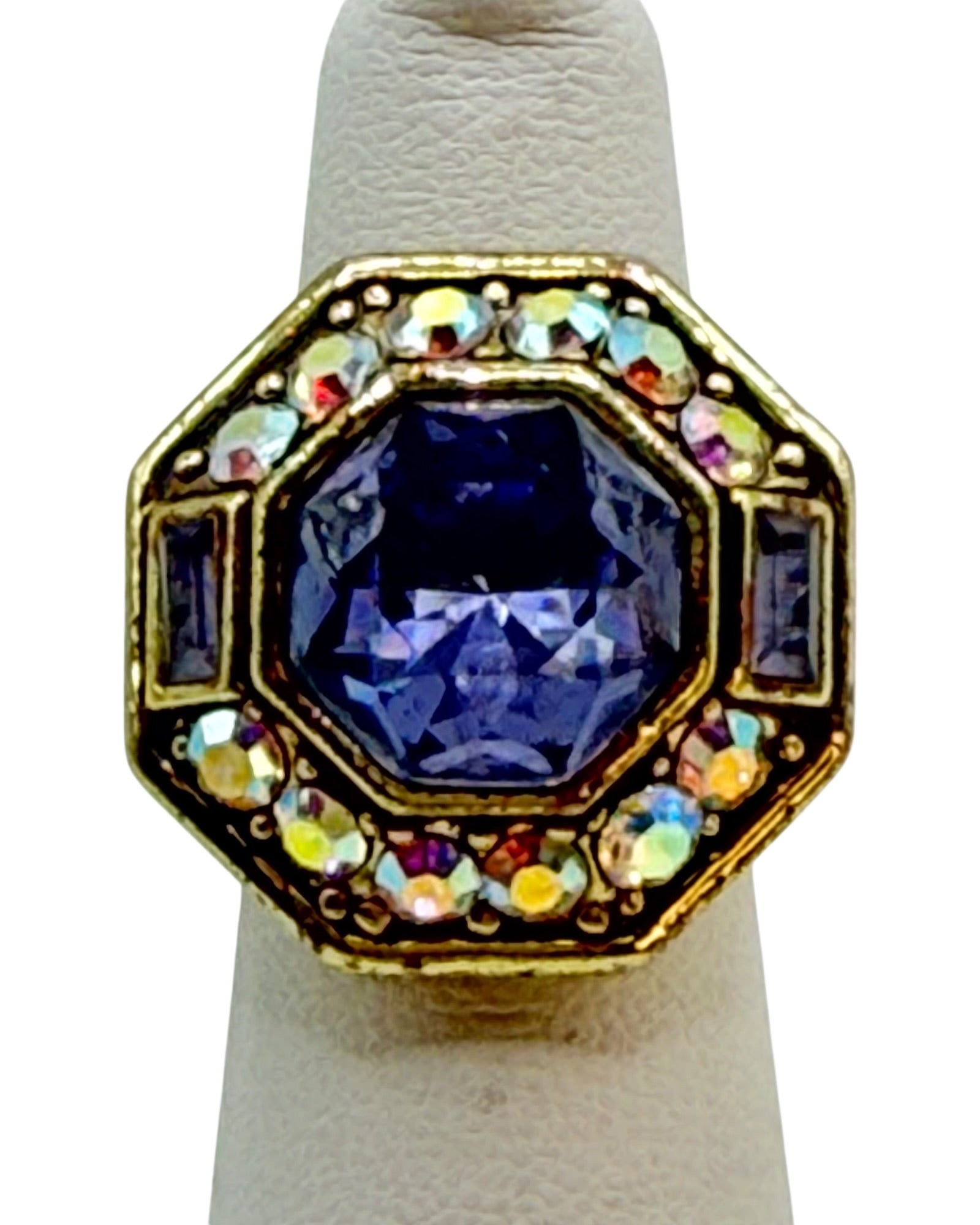 Heidi Daus Purple Cabochon Statement Ring Rhinestone Gold Tone Signed Bold - Estate Sale Great Condition
