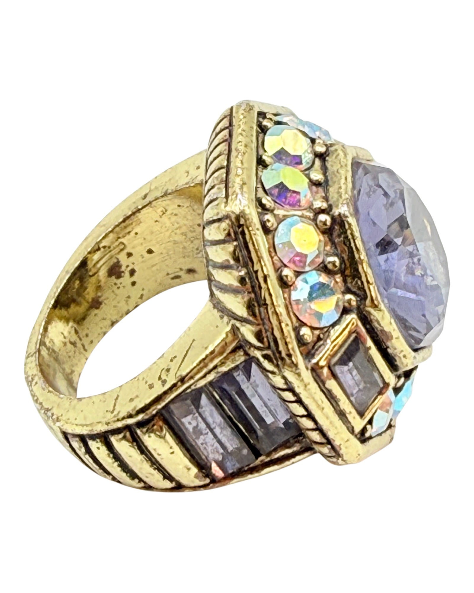 Heidi Daus Purple Cabochon Statement Ring Rhinestone Gold Tone Signed Bold - Estate Sale Great Condition