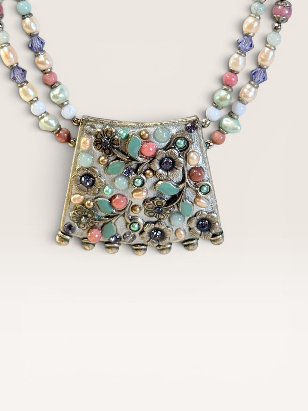 Michal Golan Colorful Two Strand Beaded Necklace Signed, Pearl Blossom Collection - Estate Sale Great Condition