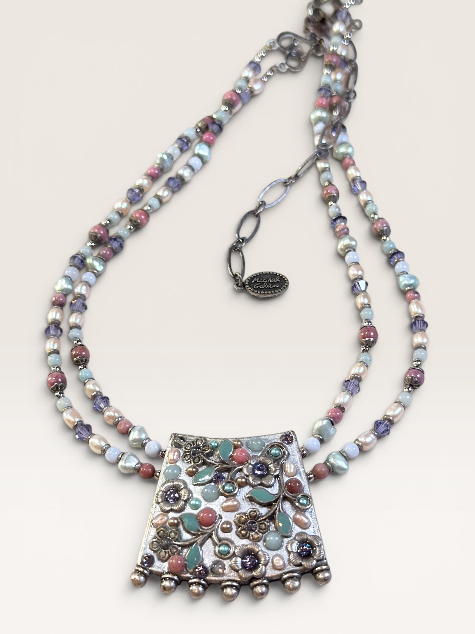 Michal Golan Colorful Two Strand Beaded Necklace Signed, Pearl Blossom Collection - Estate Sale Great Condition