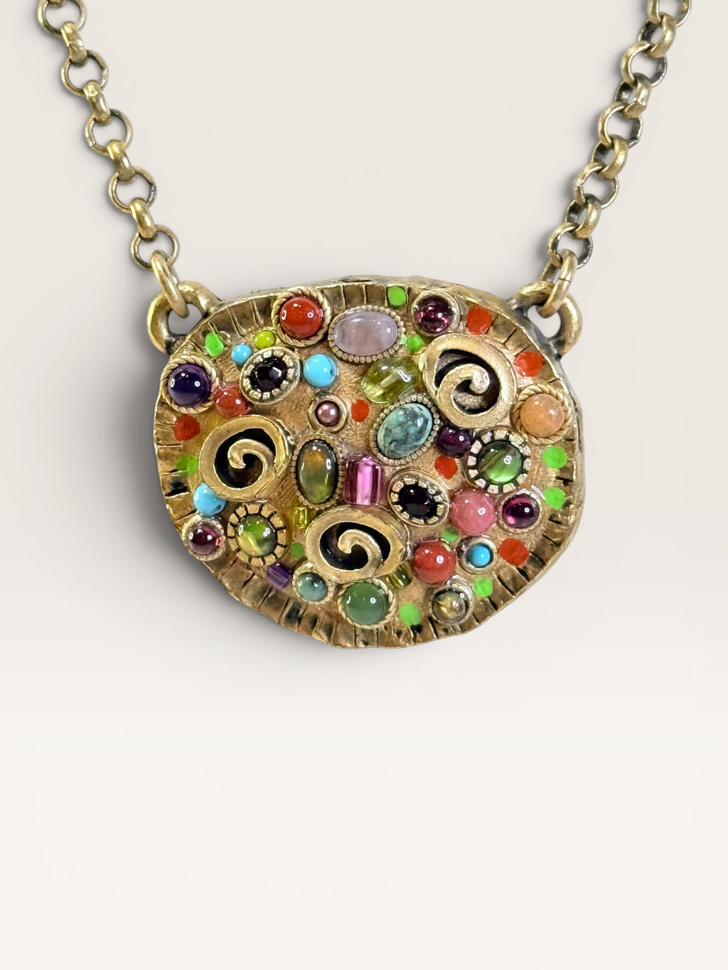 Michal Golan Necklace from the Confetti Collection, Featuring a Gold-Electroplated Brass Pendant Adorned with Colorful Swarovski Crystals and Glass Cabochons, 8-20” - Estate Sale (Great Condition)