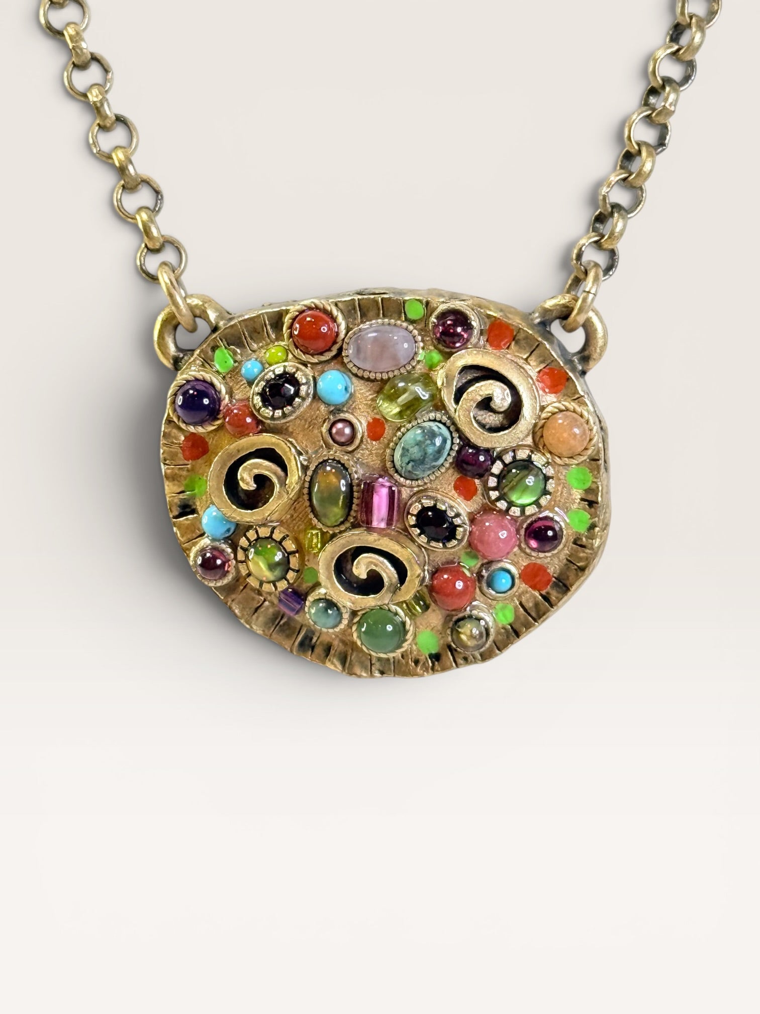 Michal Golan Necklace from the Confetti Collection, Featuring a Gold-Electroplated Brass Pendant Adorned with Colorful Swarovski Crystals and Glass Cabochons, 8-20” - Estate Sale (Great Condition)