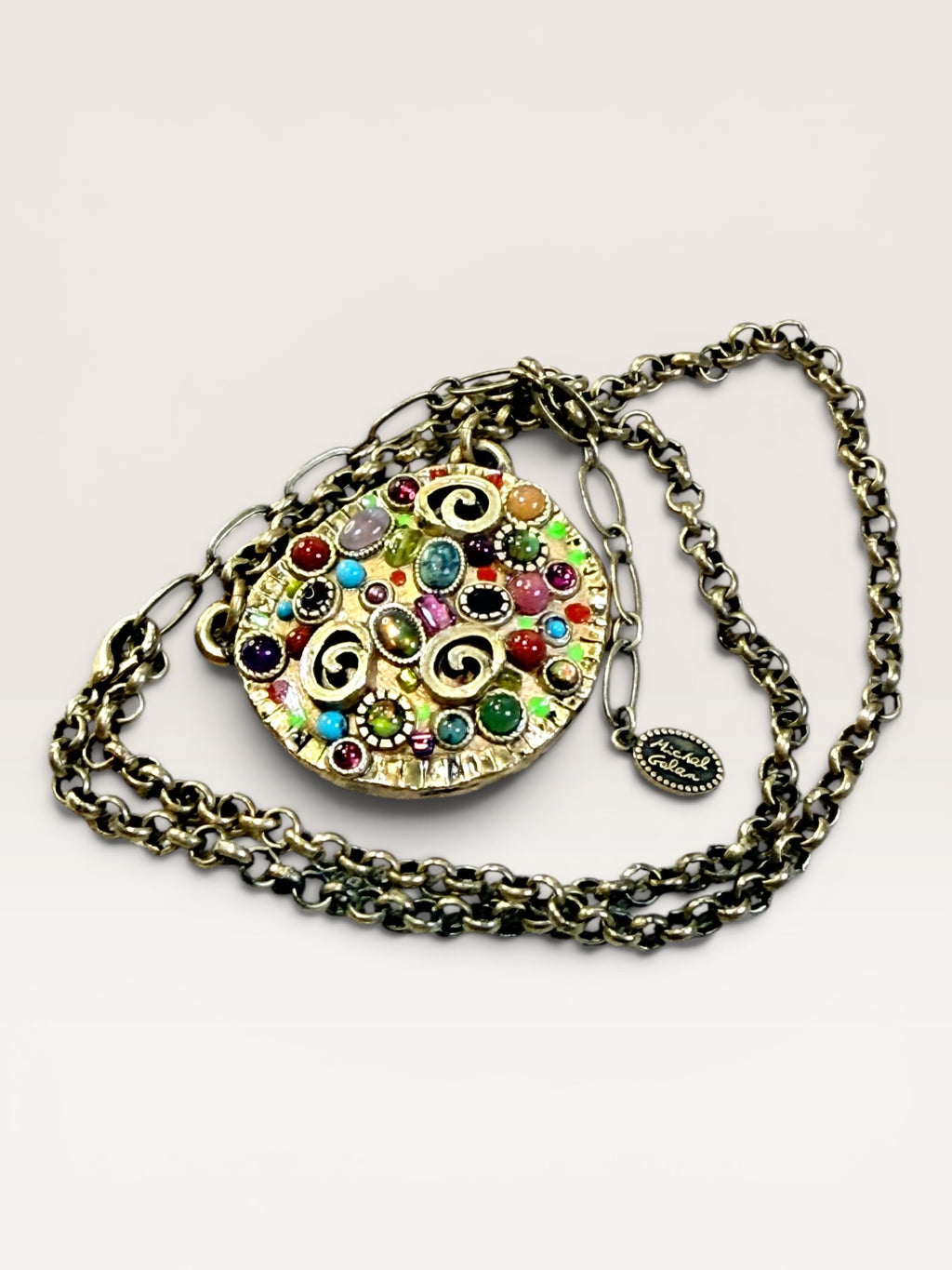 Michal Golan Necklace from the Confetti Collection, Featuring a Gold-Electroplated Brass Pendant Adorned with Colorful Swarovski Crystals and Glass Cabochons, 8-20” - Estate Sale (Great Condition)