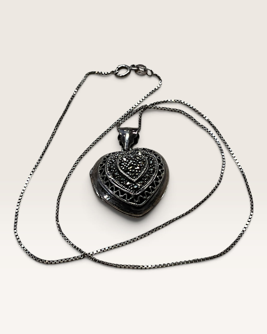 Sterling Silver Marcasite Heart Locket Pendant with 925 Box Chain Necklace - Pre-Loved