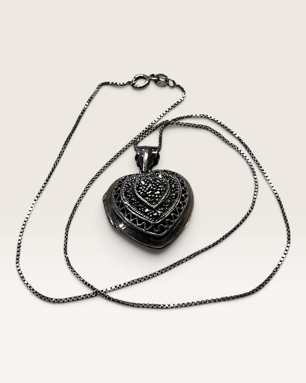 Sterling Silver Marcasite Heart Locket Pendant with 925 Box Chain Necklace - Pre-Loved