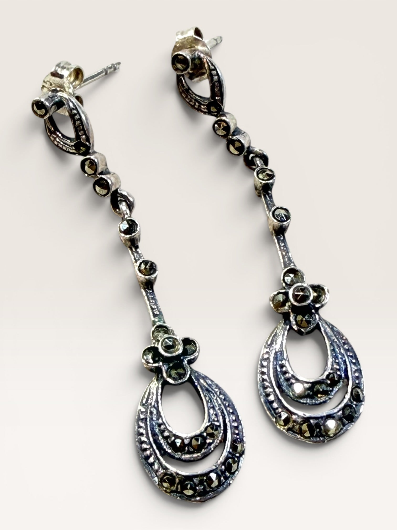 Sterling Silver & Marcasite Post Dangle Earrings - Estate Sale (Great Condition)