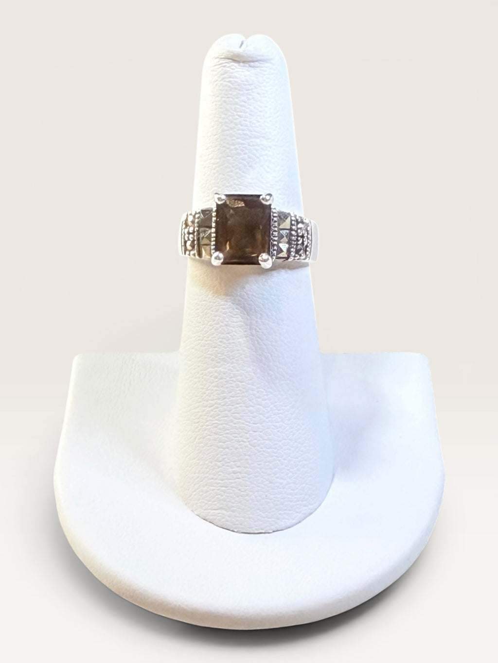 Sterling Silver Marcasite & Smokey Topaz Gemstone Ring - Estate Sale (Great Condition)