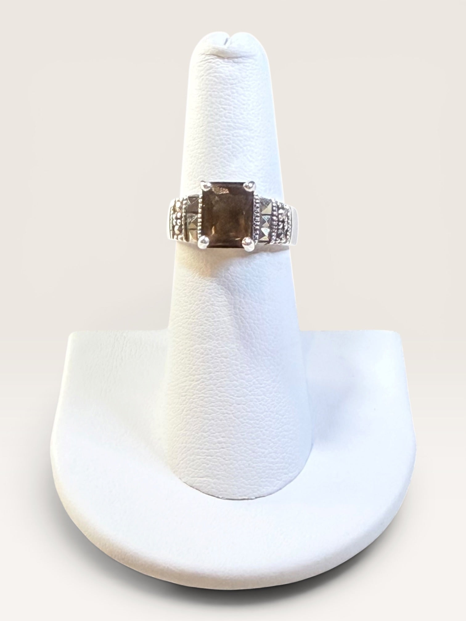 Sterling Silver Marcasite & Smokey Topaz Gemstone Ring - Estate Sale (Great Condition)